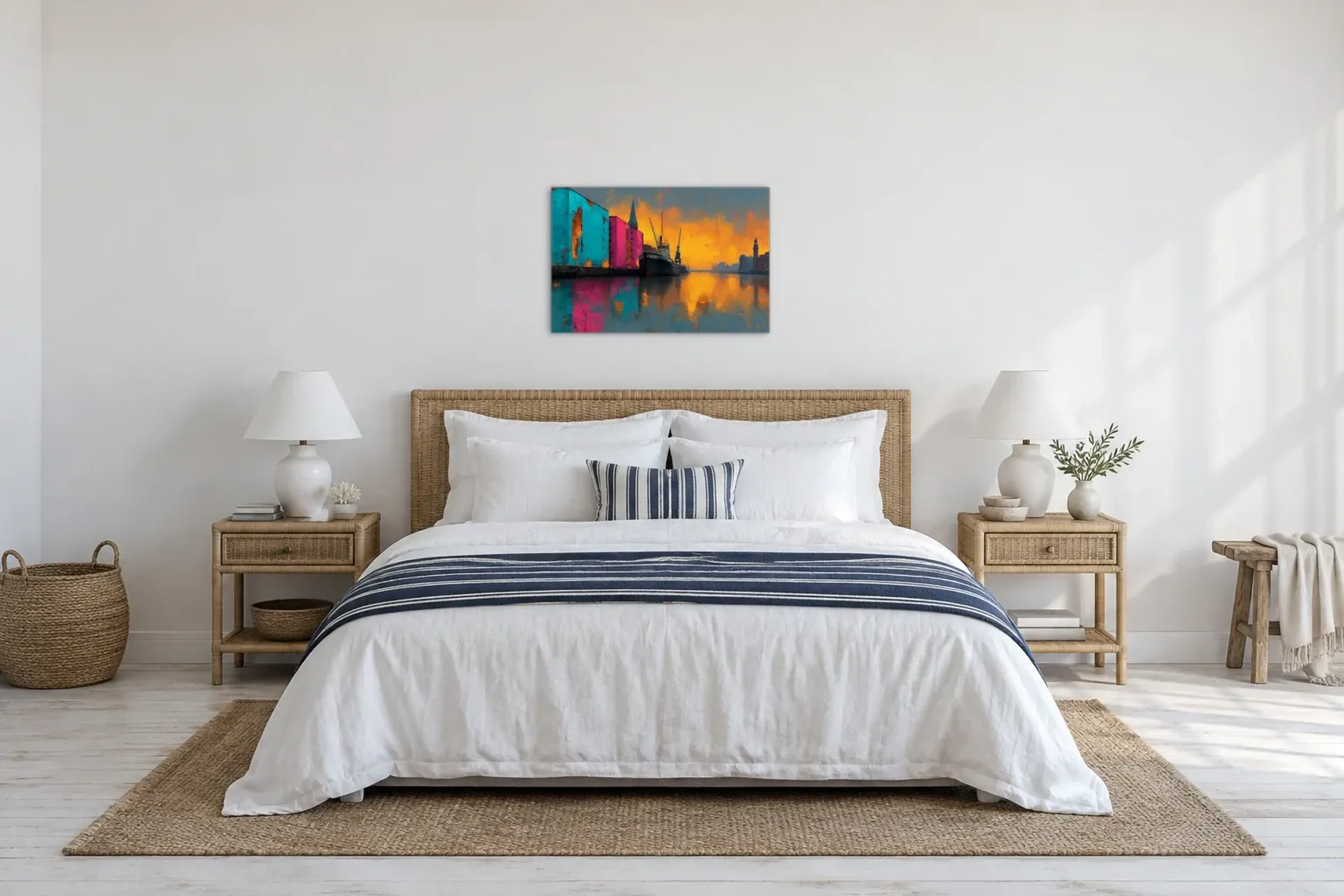 Hafen im Orangeglühen als Wandbild über einem 180-cm-Bett