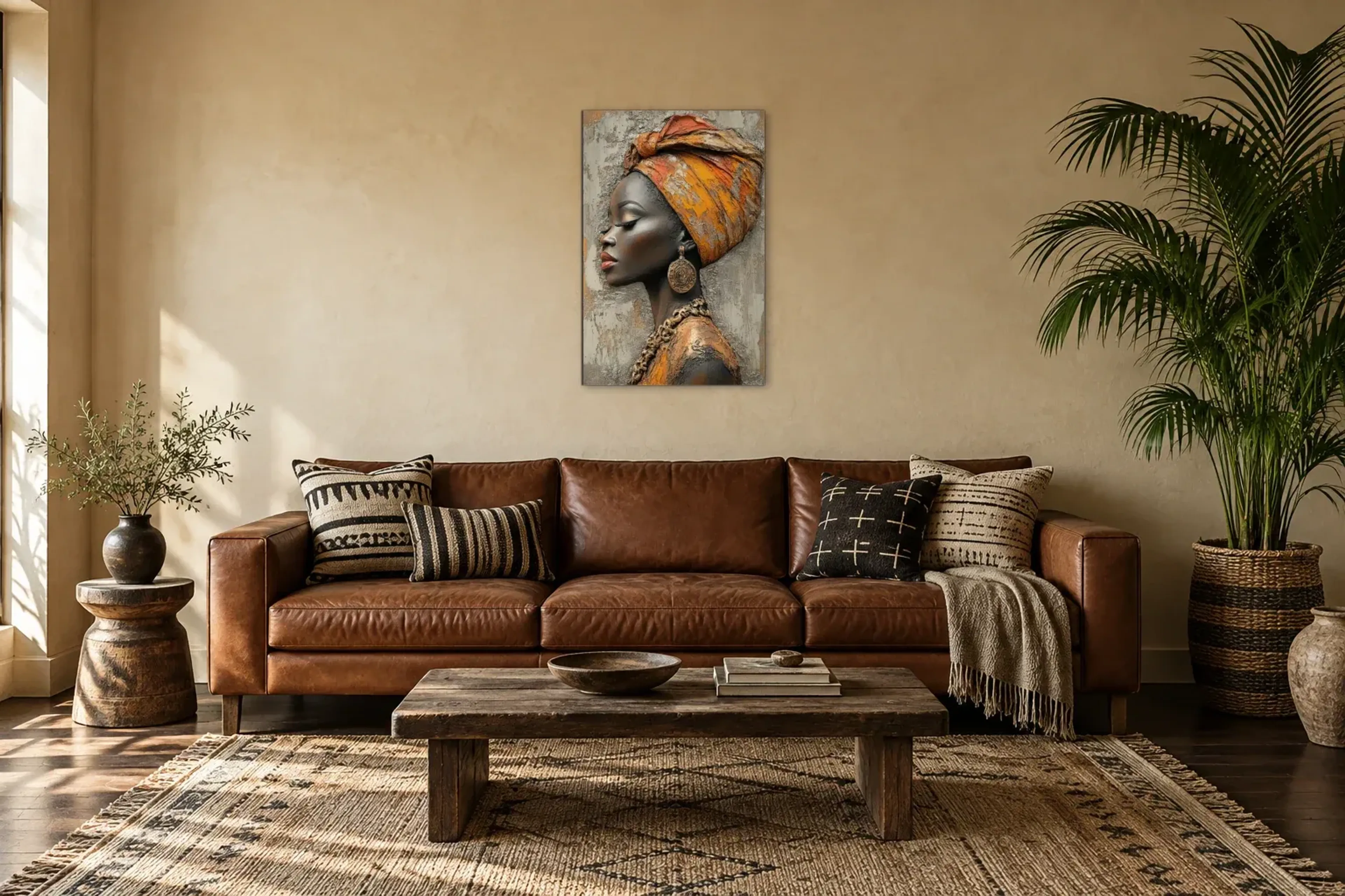 Porträt mit ockerfarbenem Kopftuch als Wandbild über einem 220-cm-Sofa