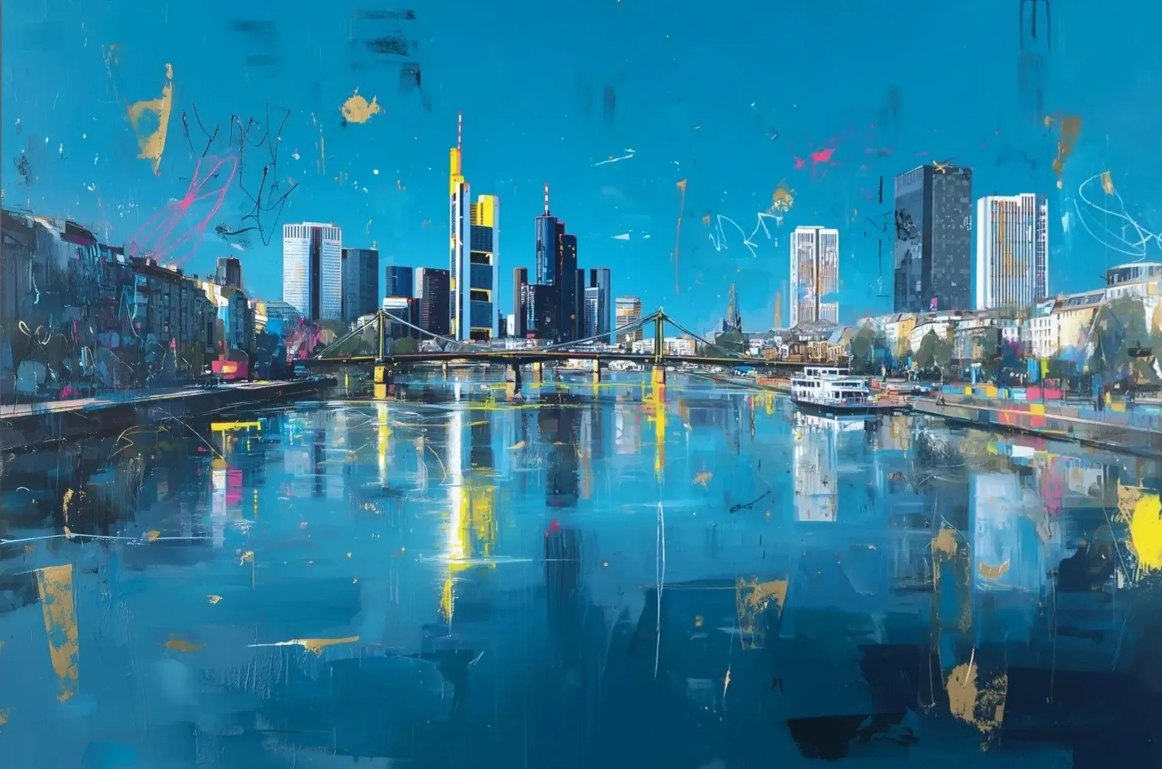 Frankfurter Skyline mit Brücke und weißem Schiff am blauen Main, ergänzt durch rosa Linien und gelbe Farbakzente.