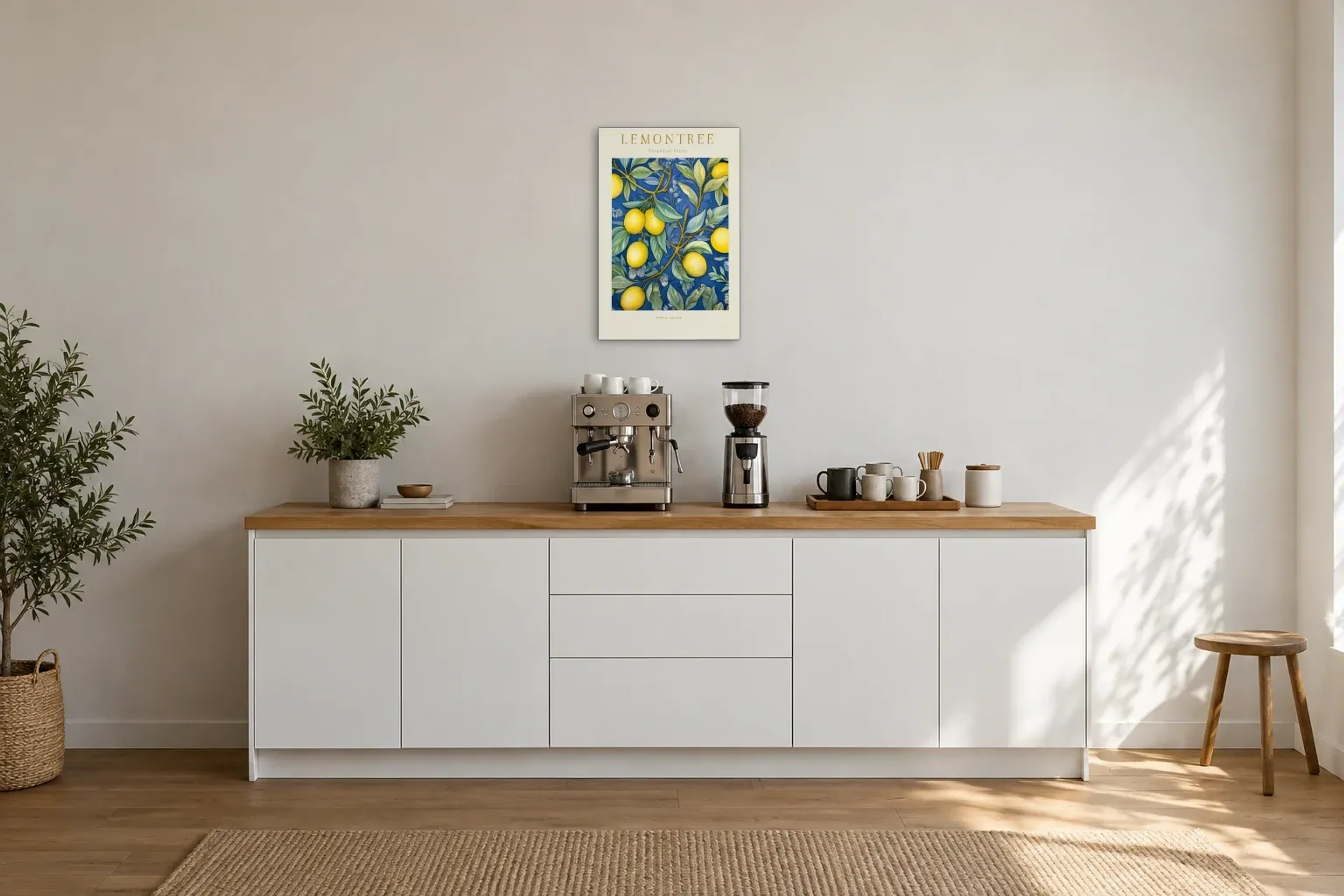 Lemontree Zitronen als Wandbild über einer 200-cm-Arbeitsplatte