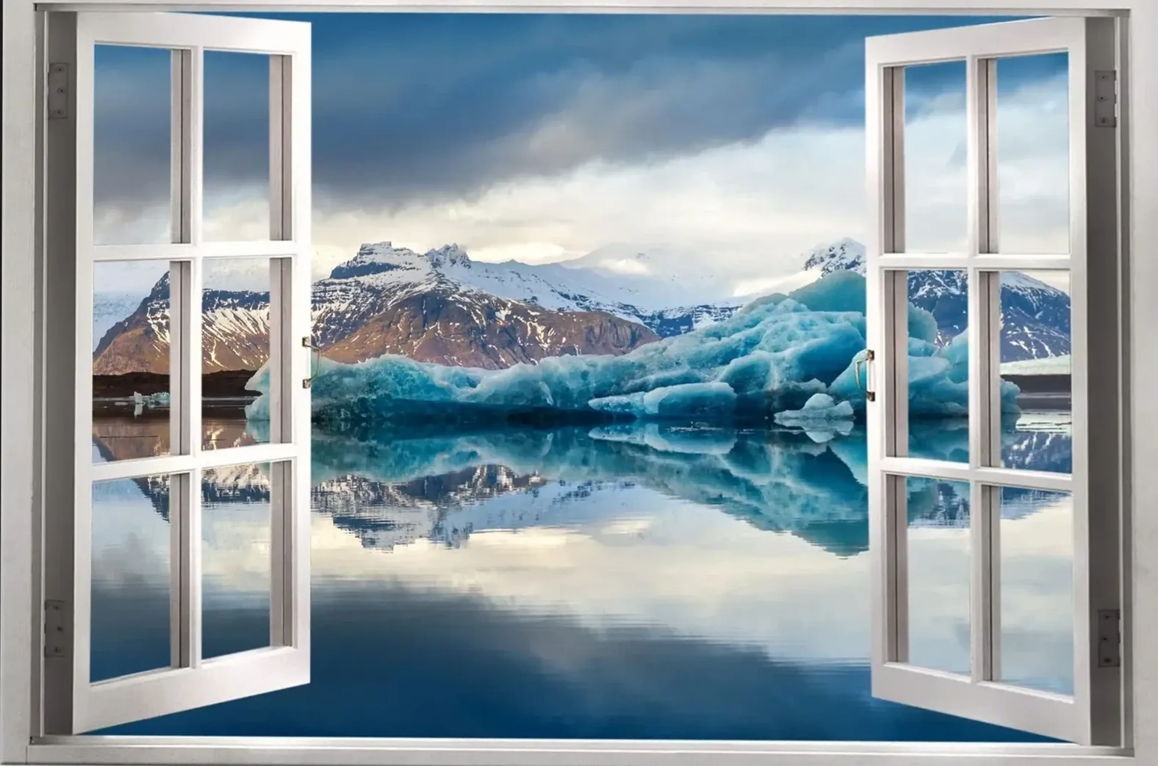 Eisberge im Spiegelwasser – Motiv als Wandbild auf Holz