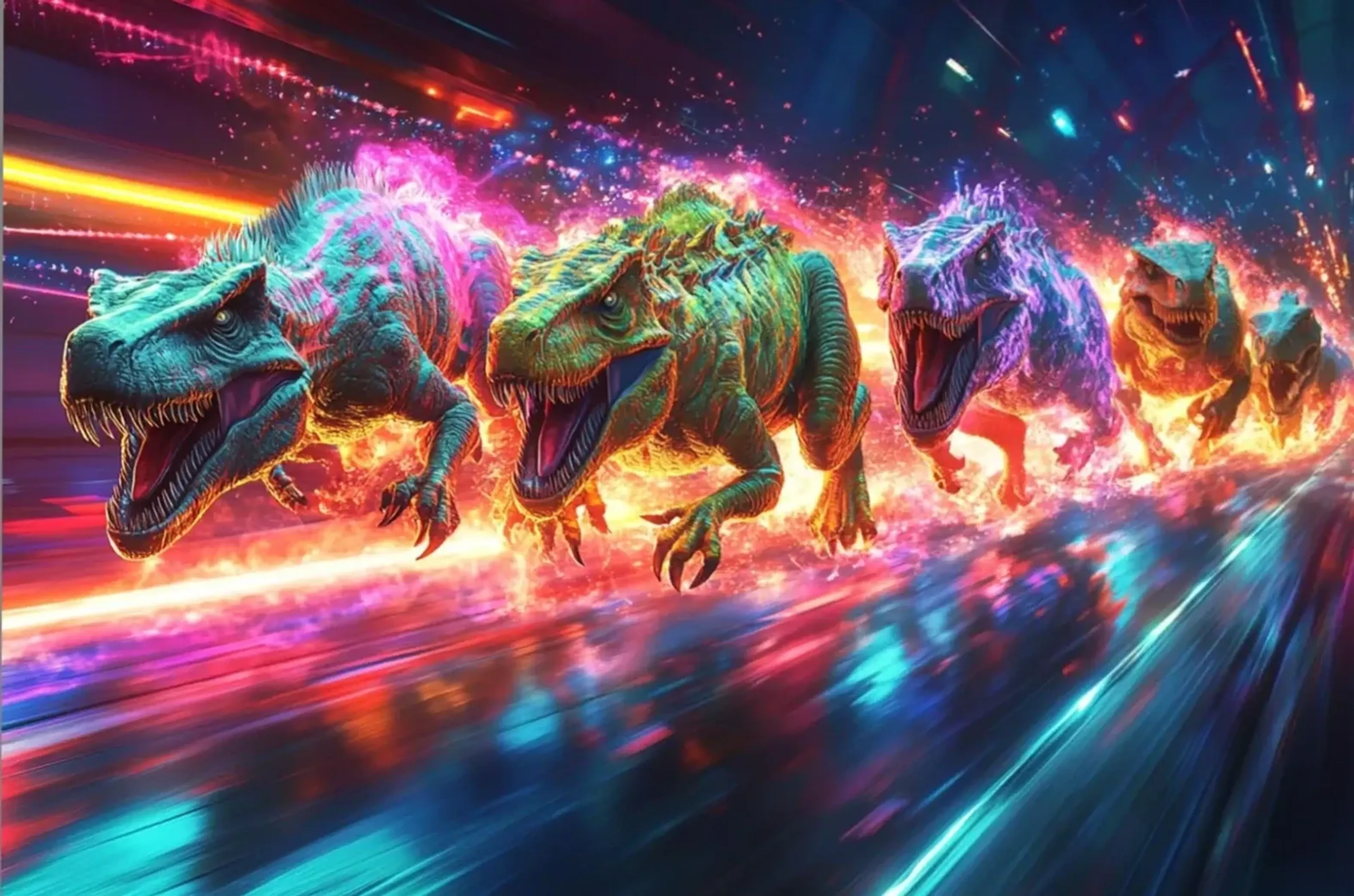 Dinosaurier rennen mit offenen Mäulern durch Flammen und neonfarbene Lichtspuren auf dunklem Grund.