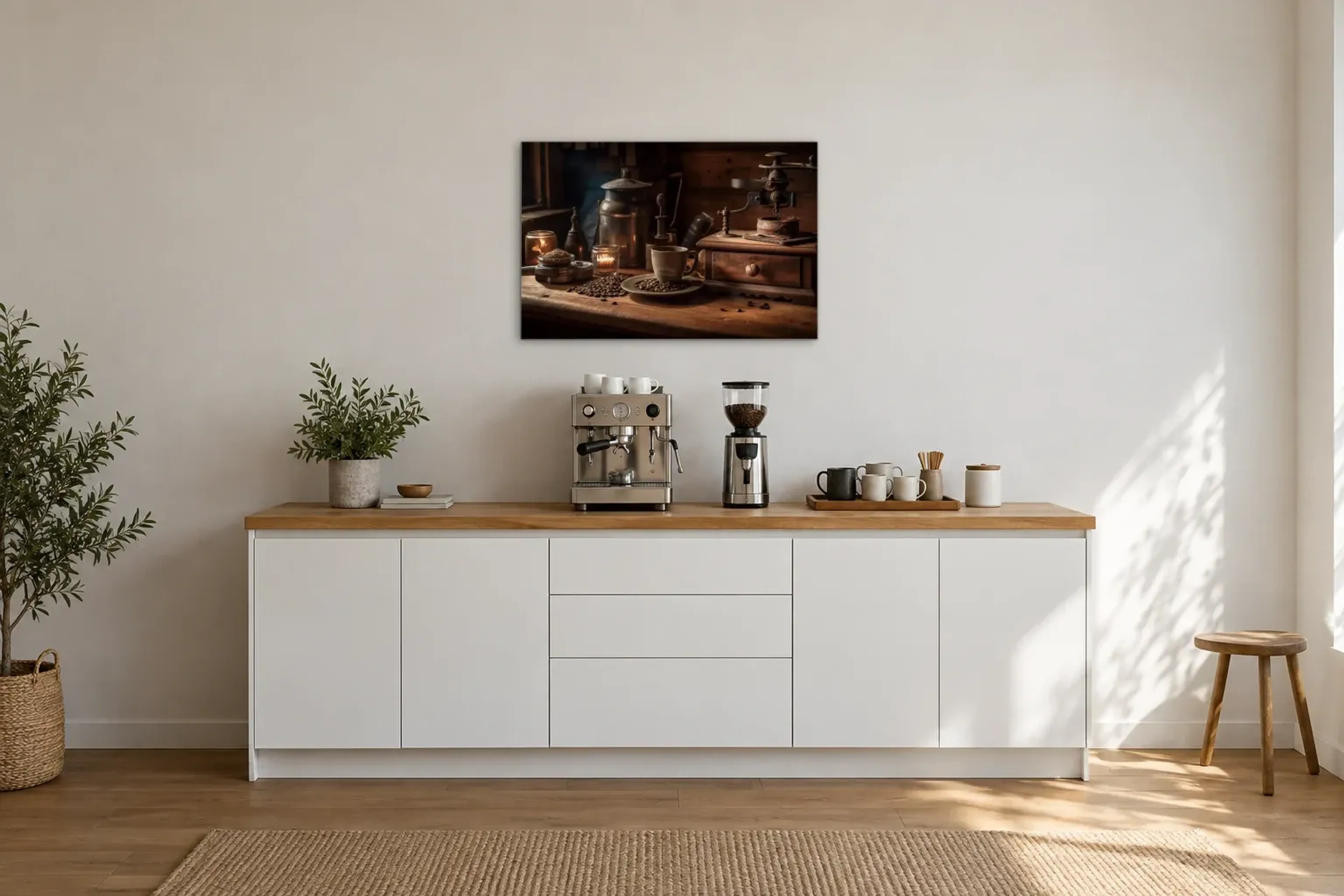 Kaffee Tisch als Wandbild über einer 200-cm-Arbeitsplatte