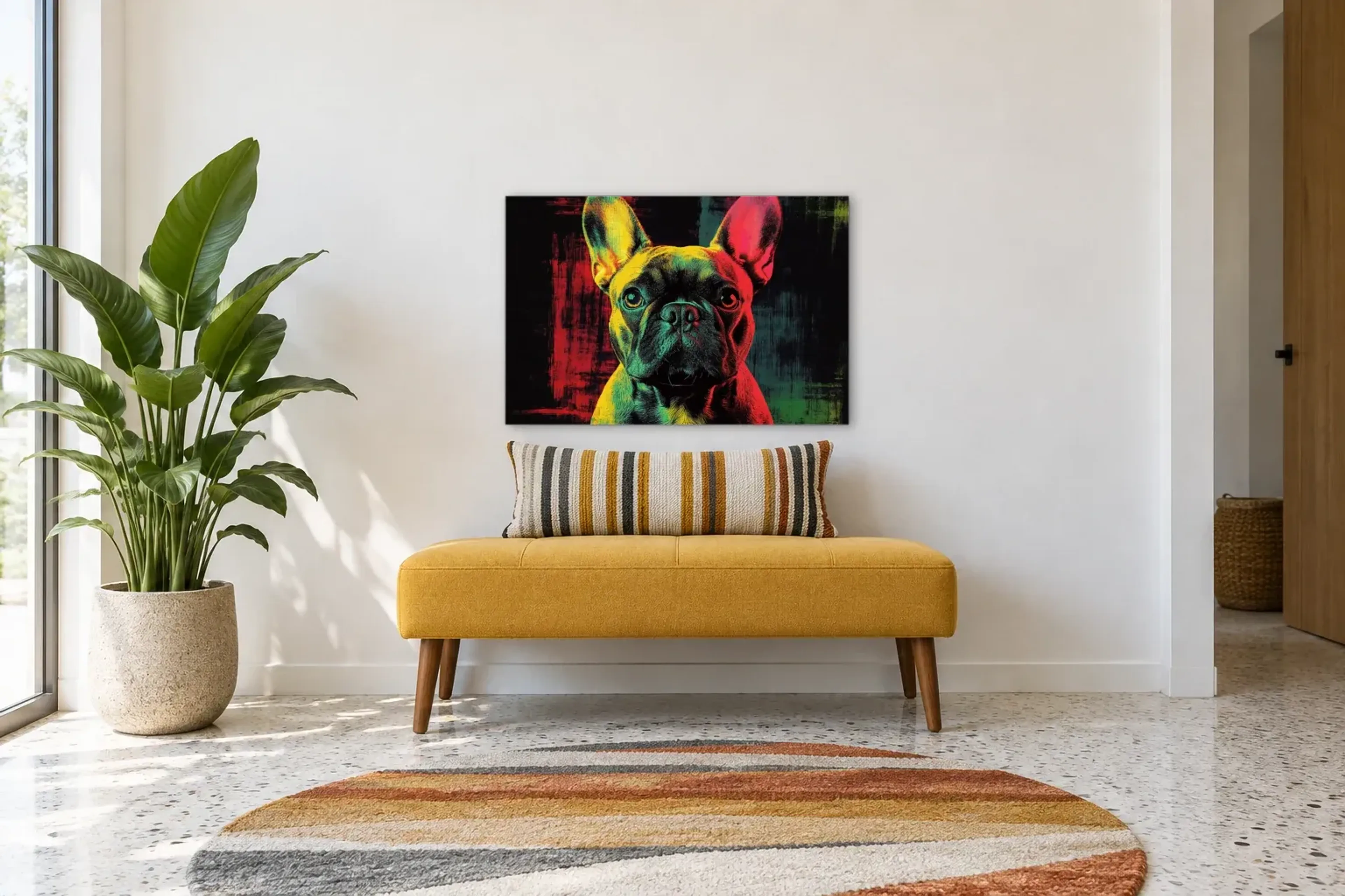 Bulldogge in bunten Farben aus der Kollektion Pop-Art-Hunde im Raum