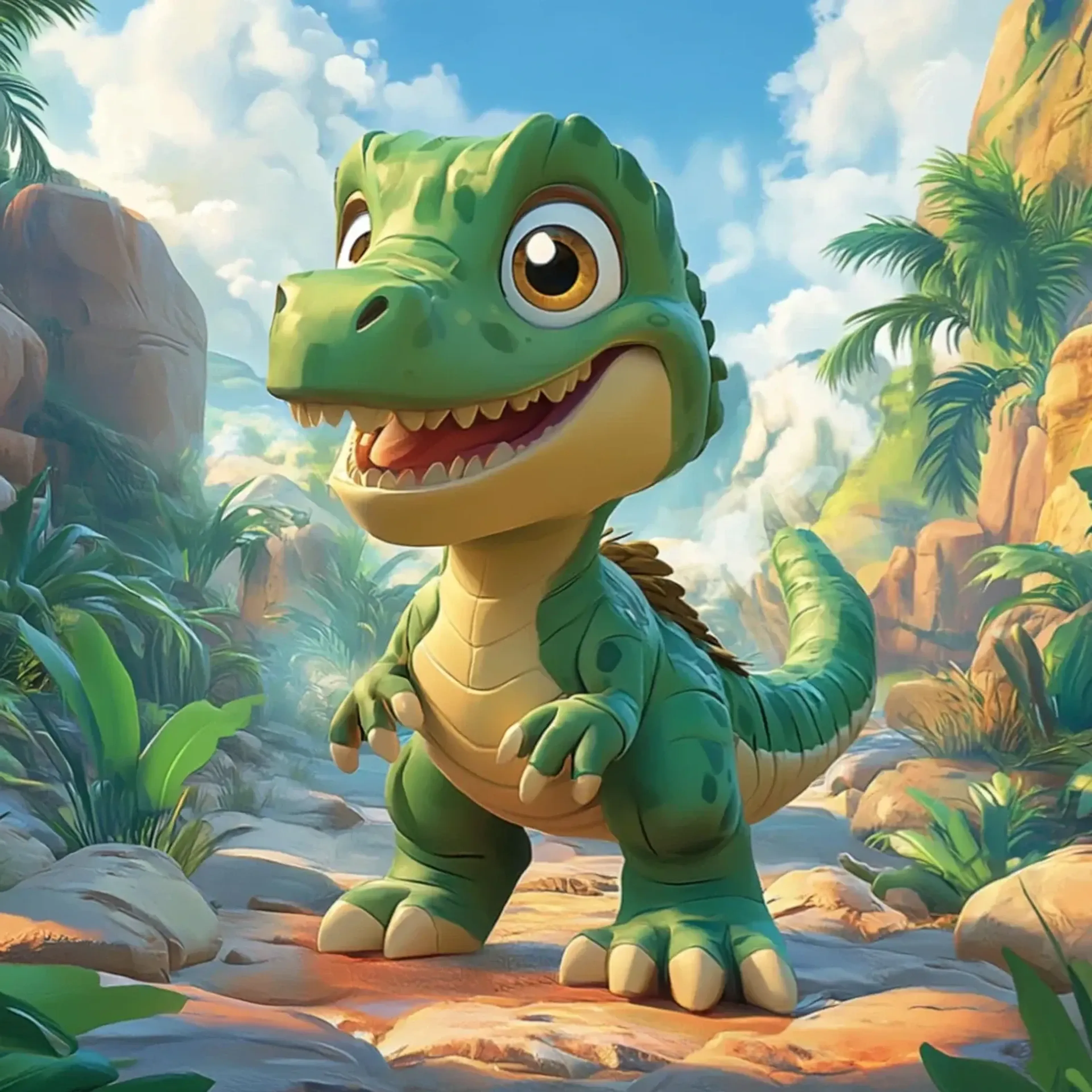 Grüner Dino mit gelbem Bauch und offenem Maul in einer sonnigen Felslandschaft mit Palmen.