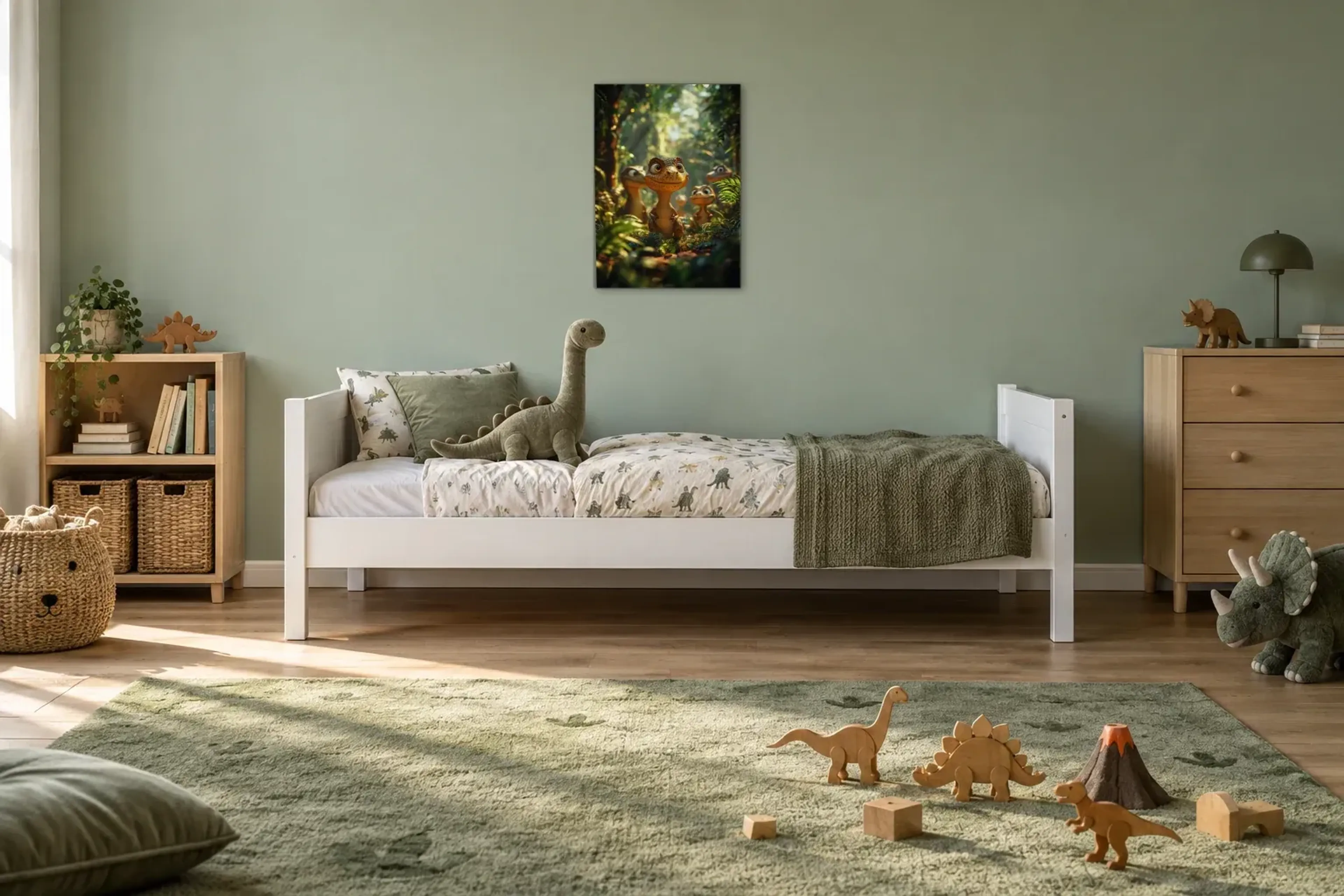 Neugieriger Dino im Farn als Wandbild über einem 200-cm-Kinderbett