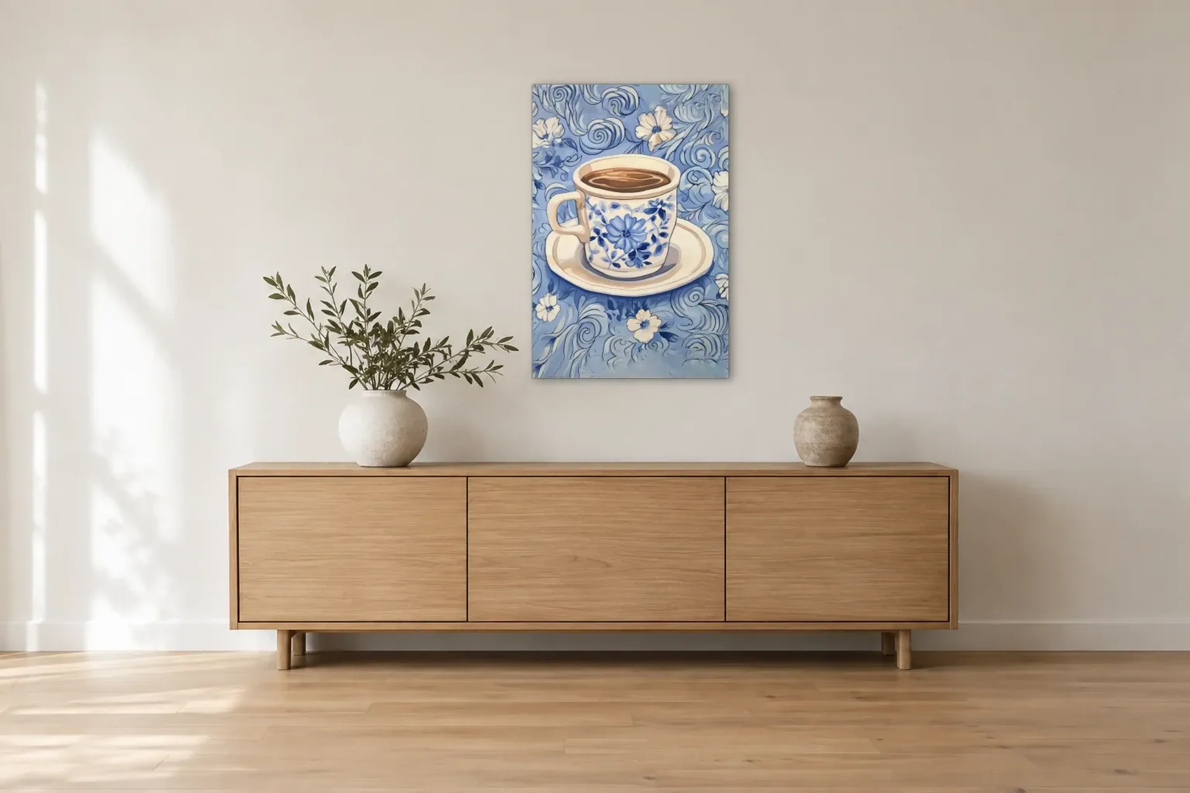Kaffeetasse mit blauen Blüten als Wandbild über einem 180-cm-Sideboard