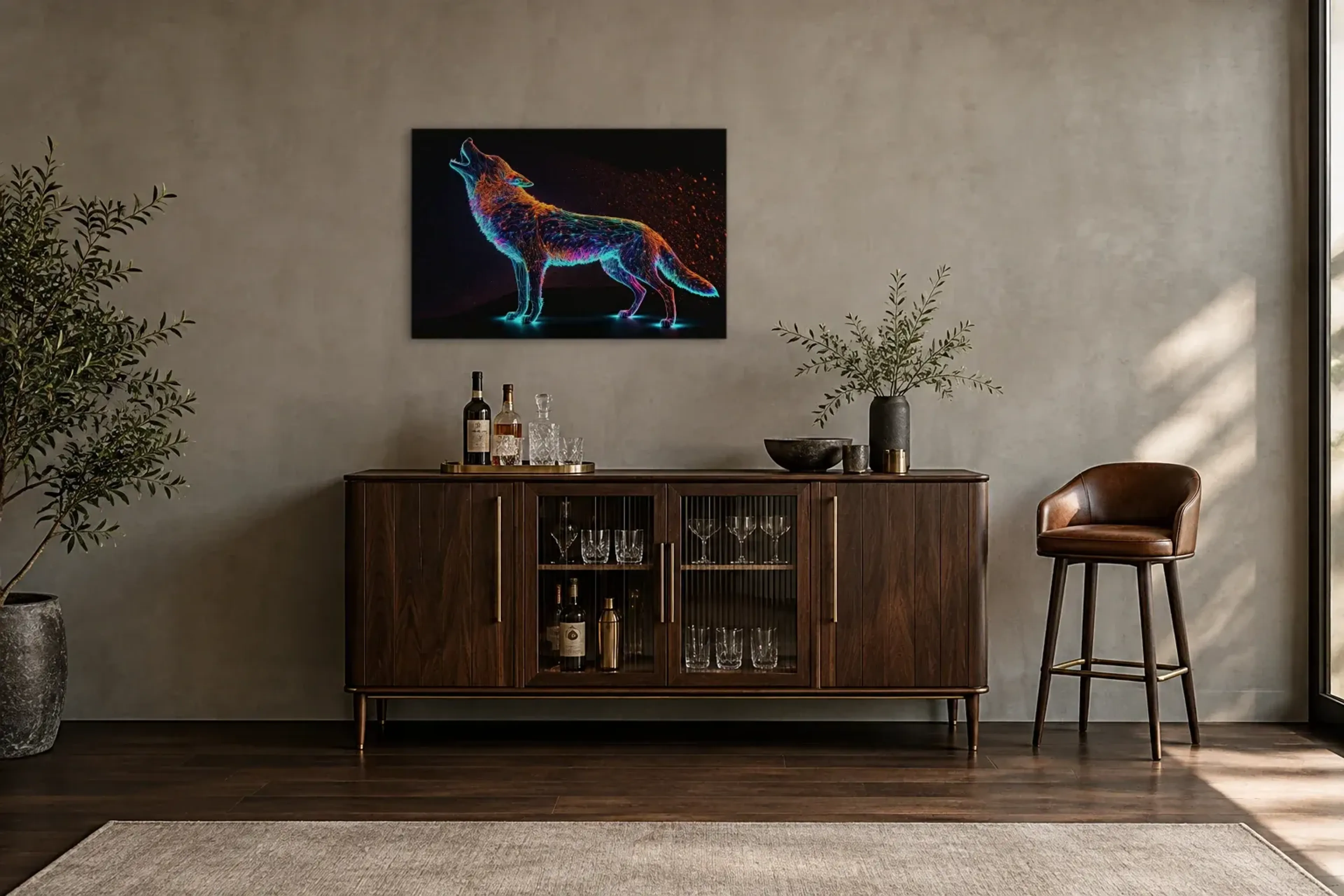 Heulender Neonwolf als Wandbild über einem 150-cm-Barschrank