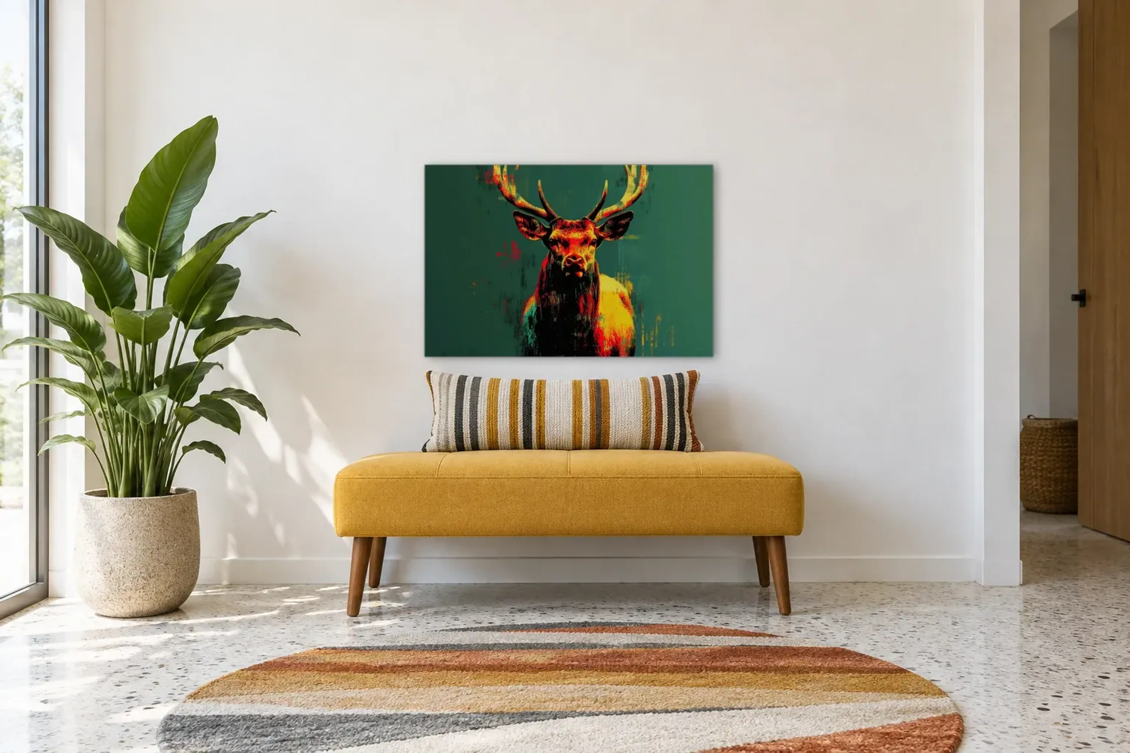 Hirsch vor Dunkelgrün als Wandbild über einer 120-cm-Bank