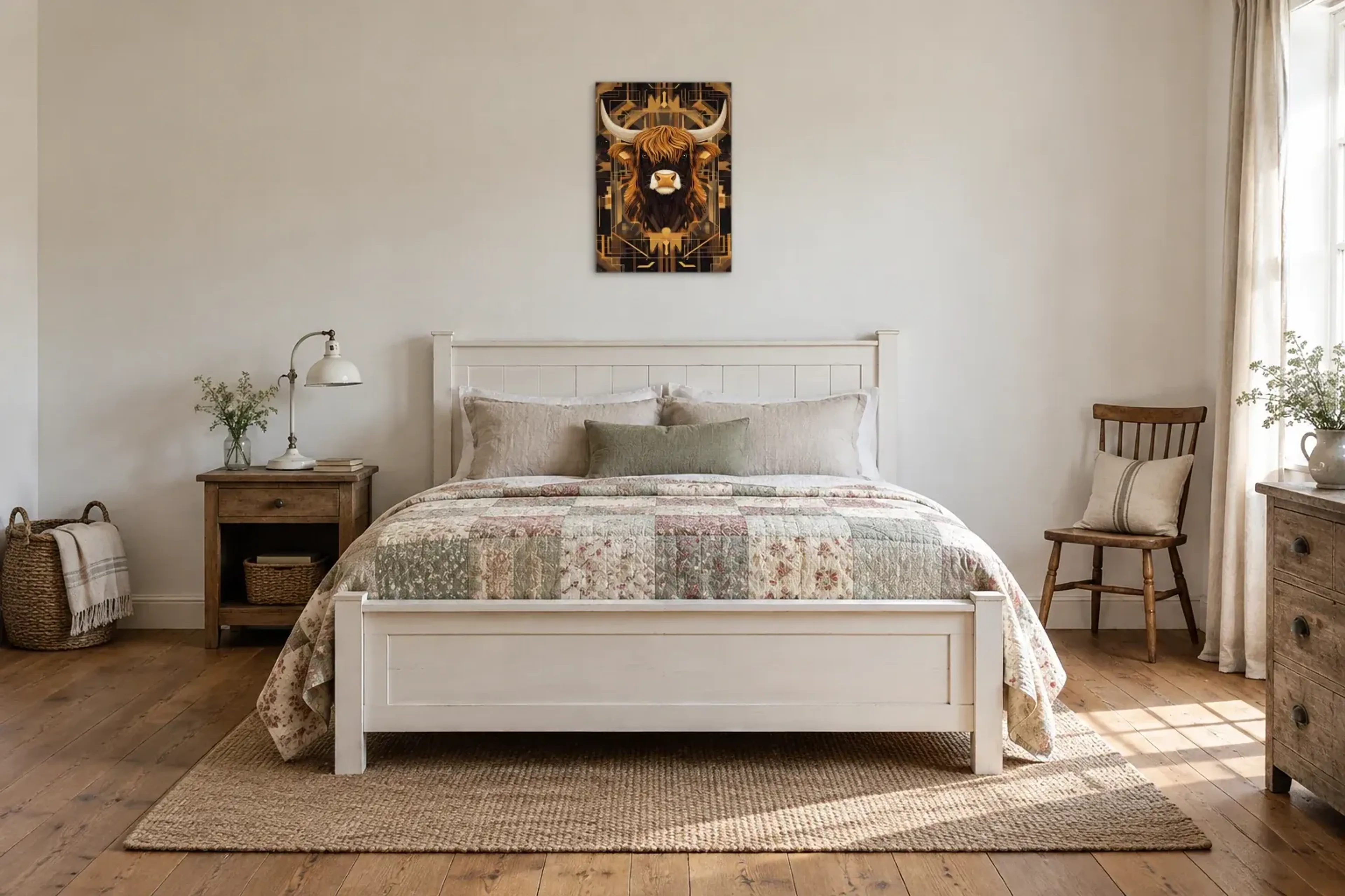 Hochlandrind in Goldornamenten als Wandbild über einem 160-cm-Bett