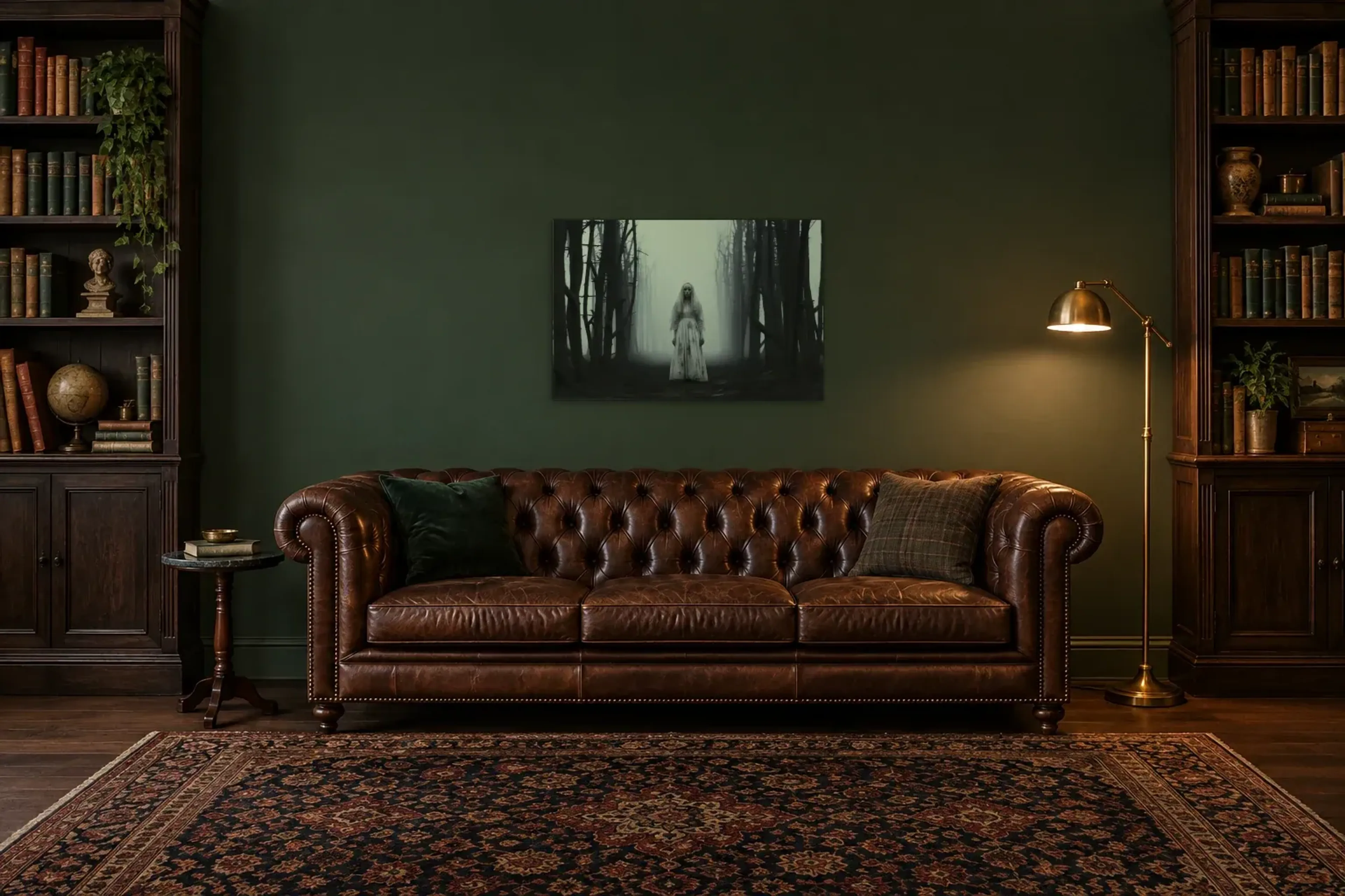Geist im Wald als Wandbild über einem 200-cm-Chesterfield-Sofa