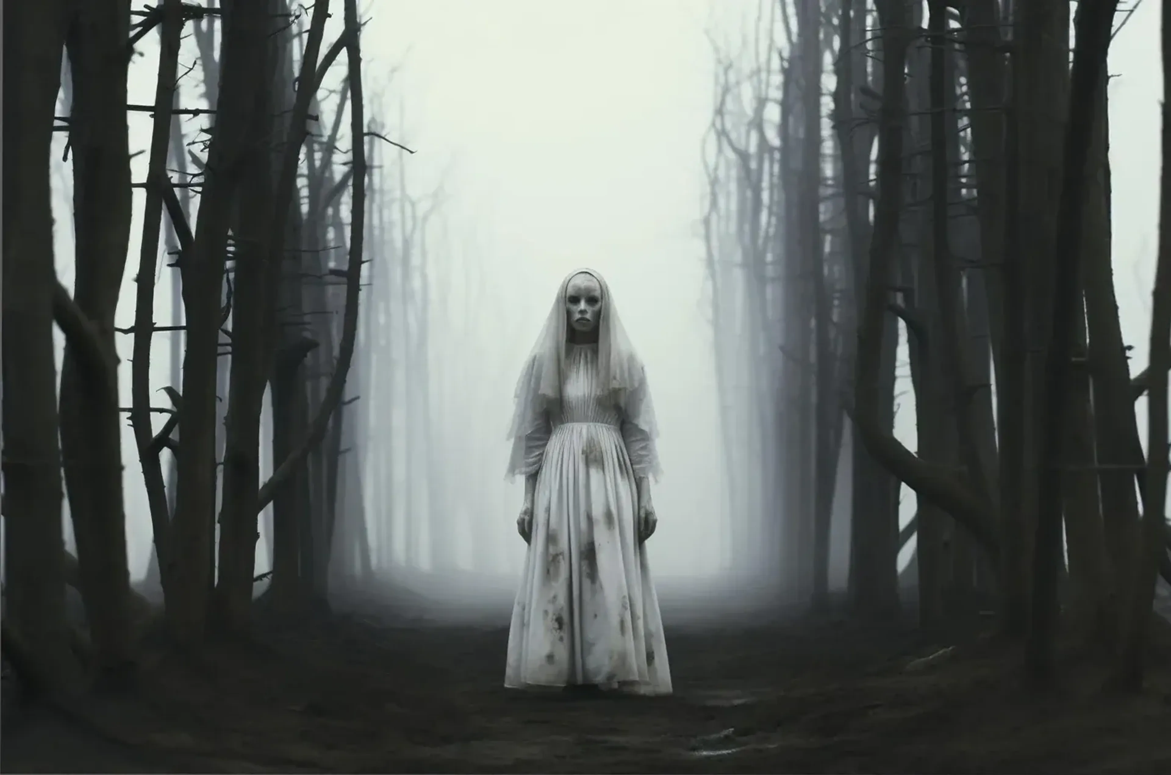 Blasse Gestalt mit langem hellem Haar und weißem Kleid steht zwischen kahlen Bäumen in einem nebligen Wald.