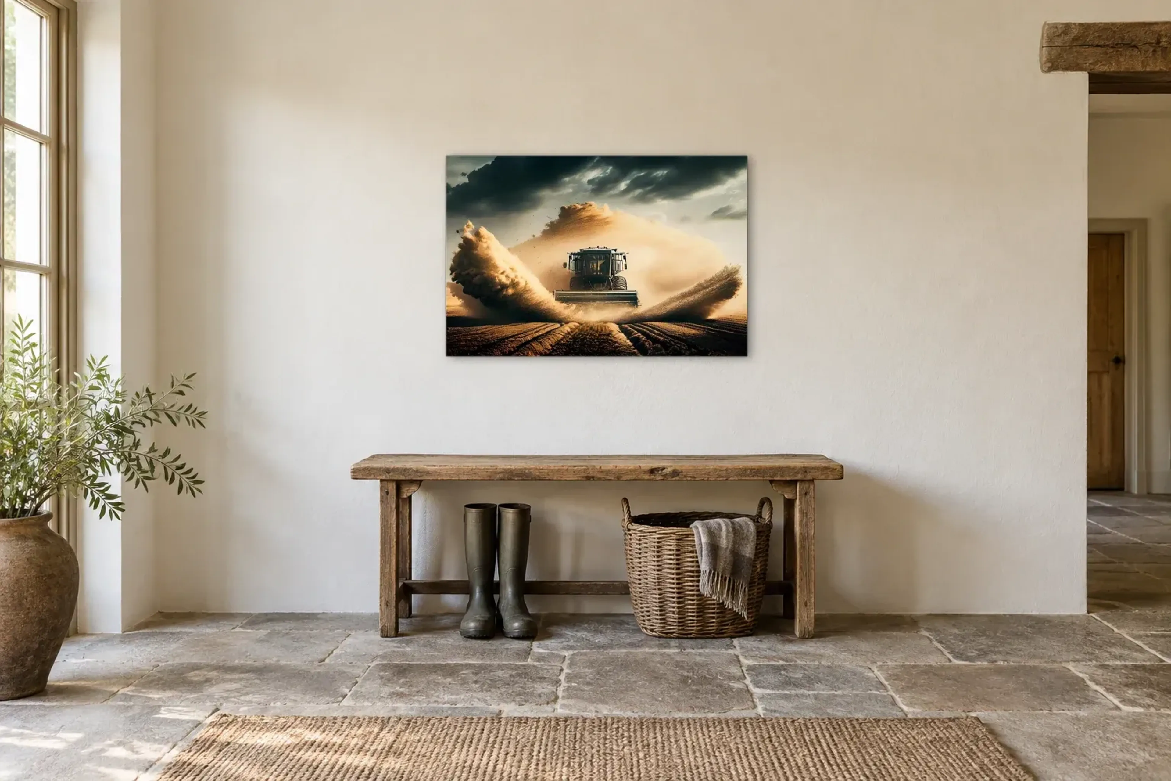 Mähdrescher im Erntestaub als Wandbild über einer 120-cm-Bank