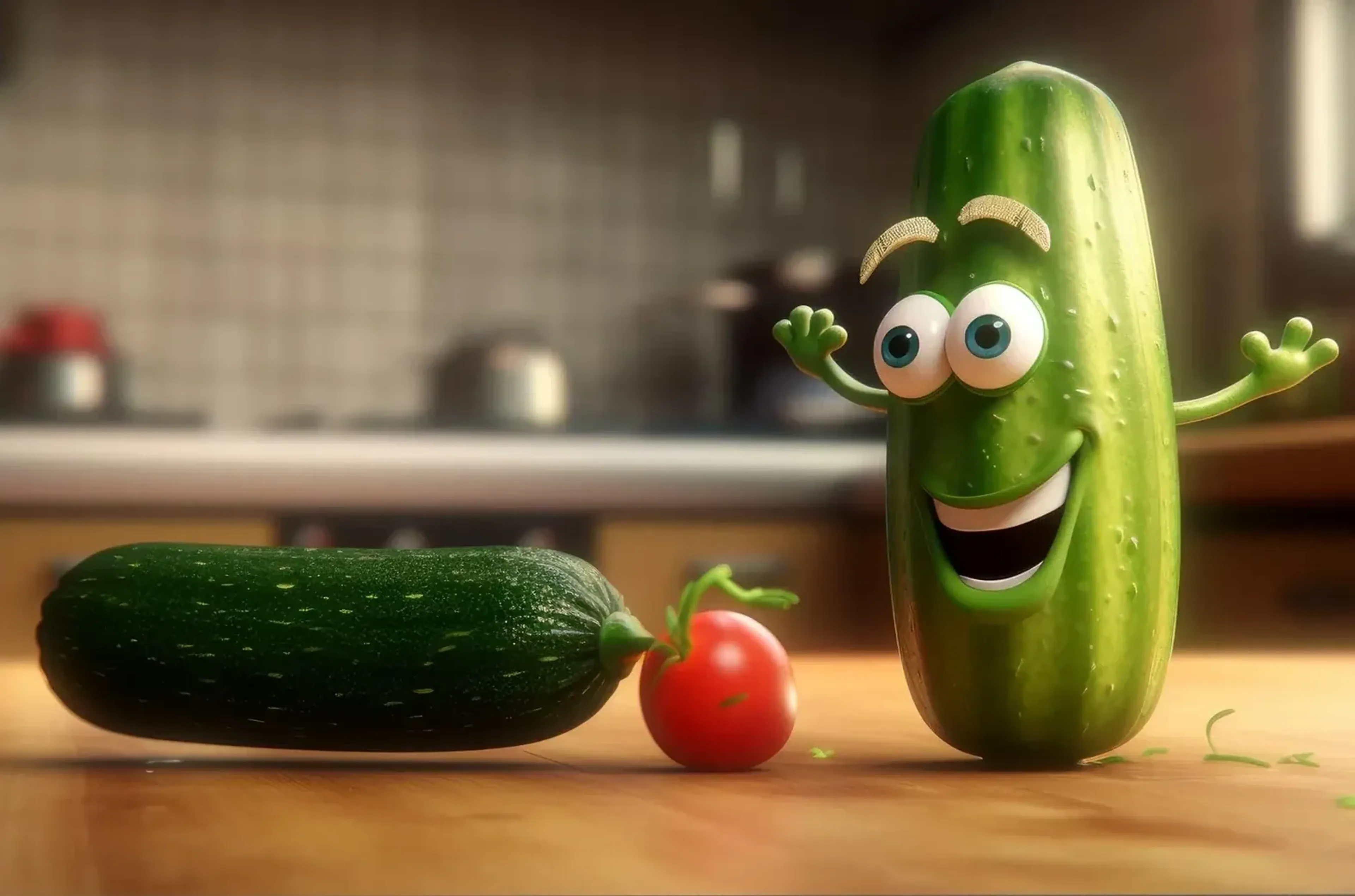 Eine lachende Gurkenfigur hebt beide Arme neben einer liegenden Gurke und einer kleinen roten Tomate.
