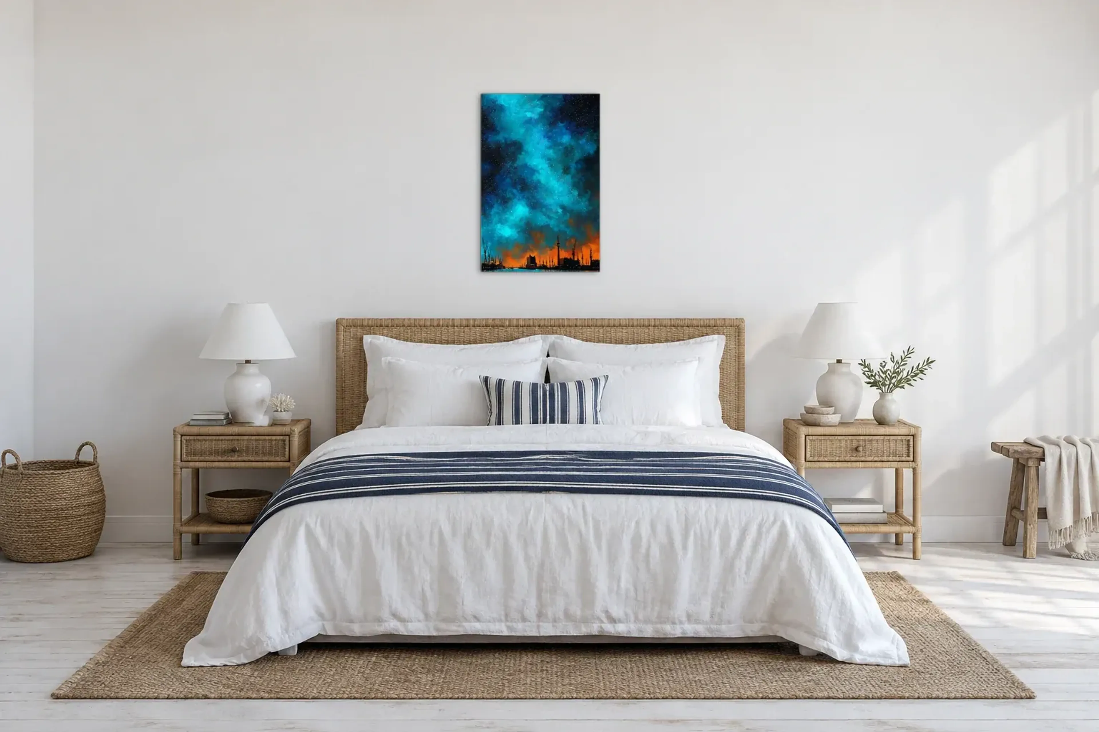 Hafen unter Türkishimmel als Wandbild über einem 180-cm-Bett