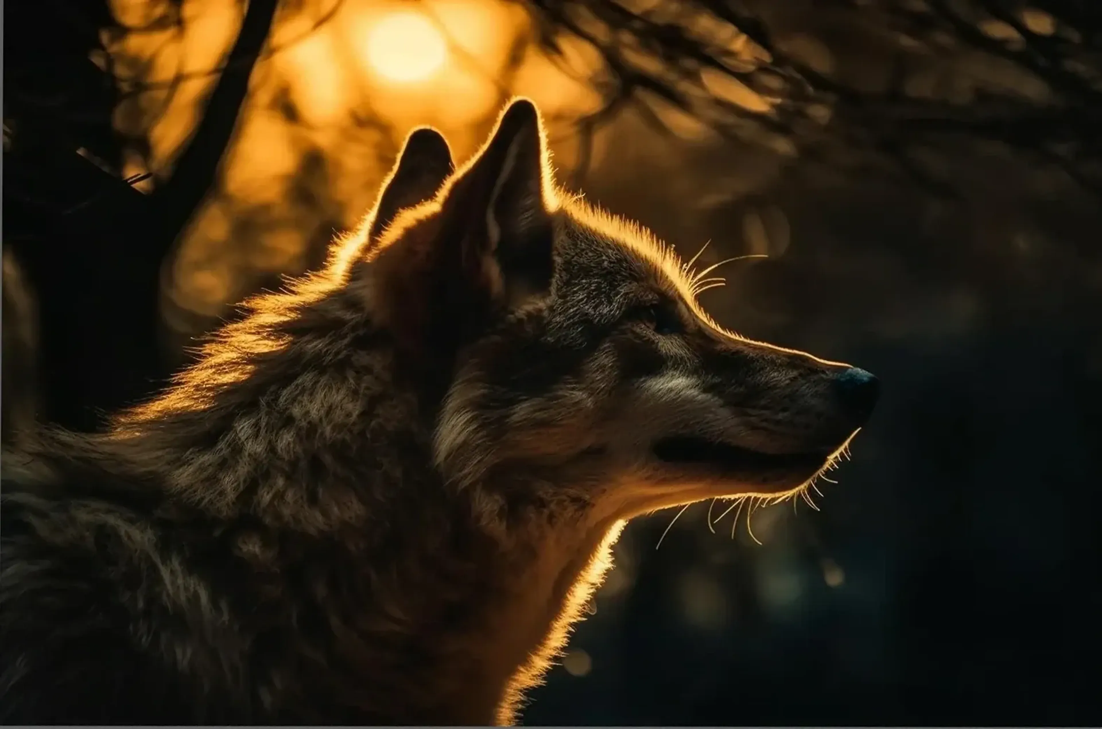 Ein Wolf im Seitenprofil mit golden beleuchtetem Fellrand vor einem dunklen Wald und tief stehender Sonne.