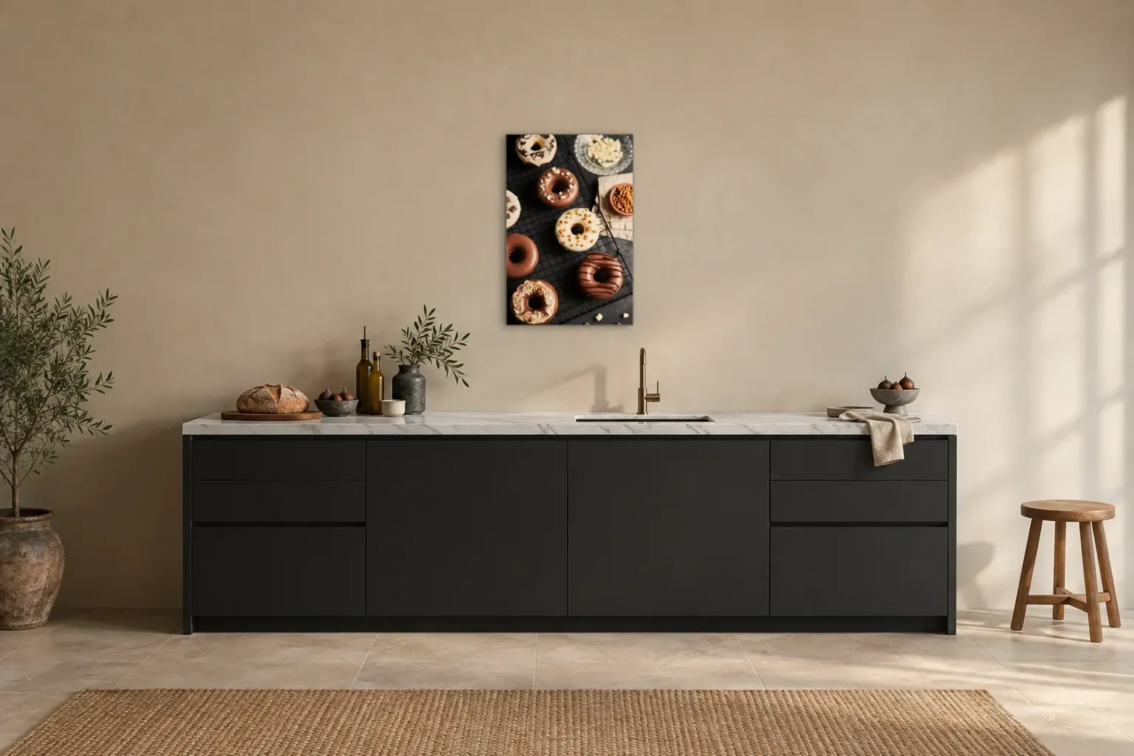 Donuts mit Glasur als Wandbild über einer 200-cm-Arbeitsplatte