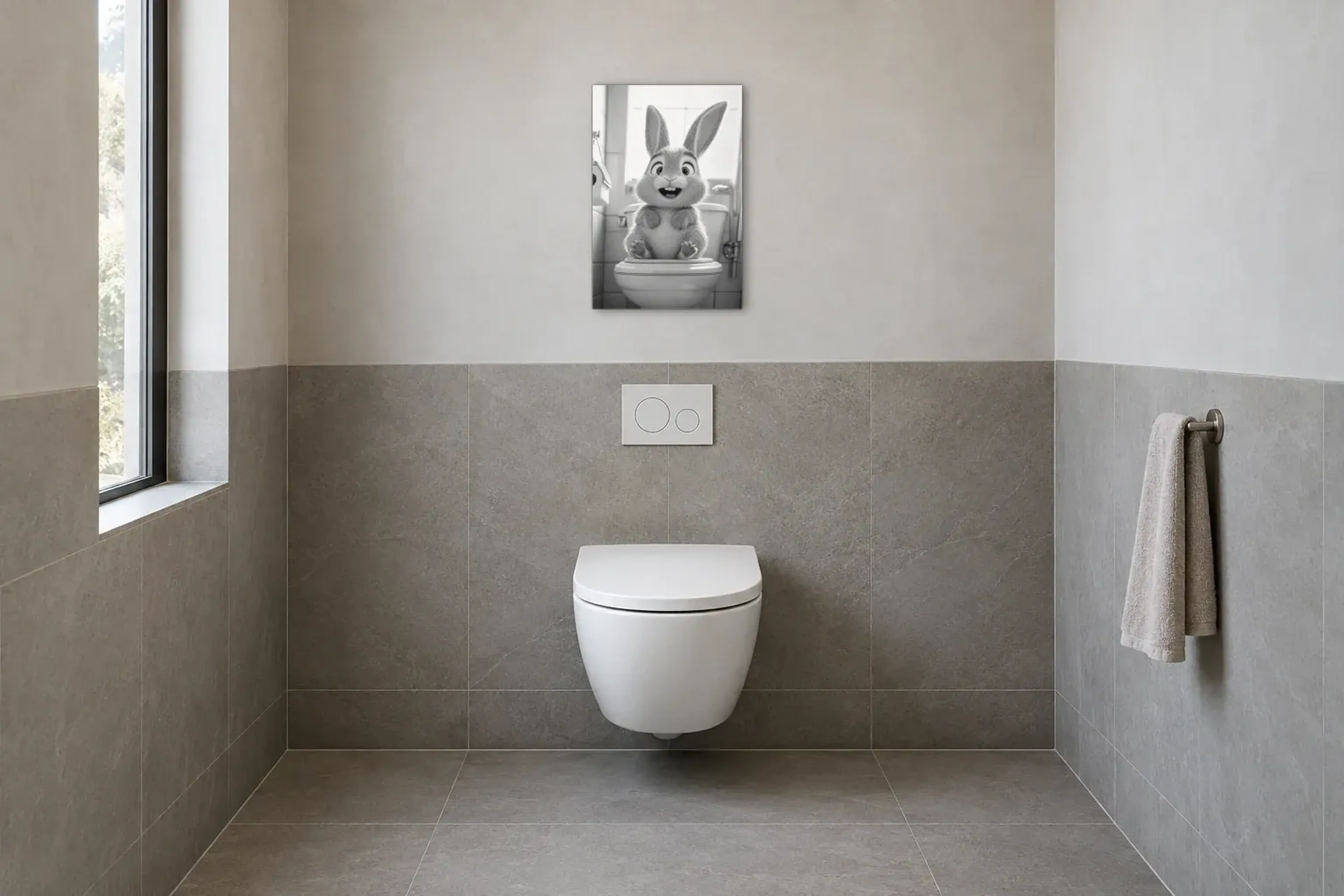Vergnügter Hase als Wandbild im Gäste-WC