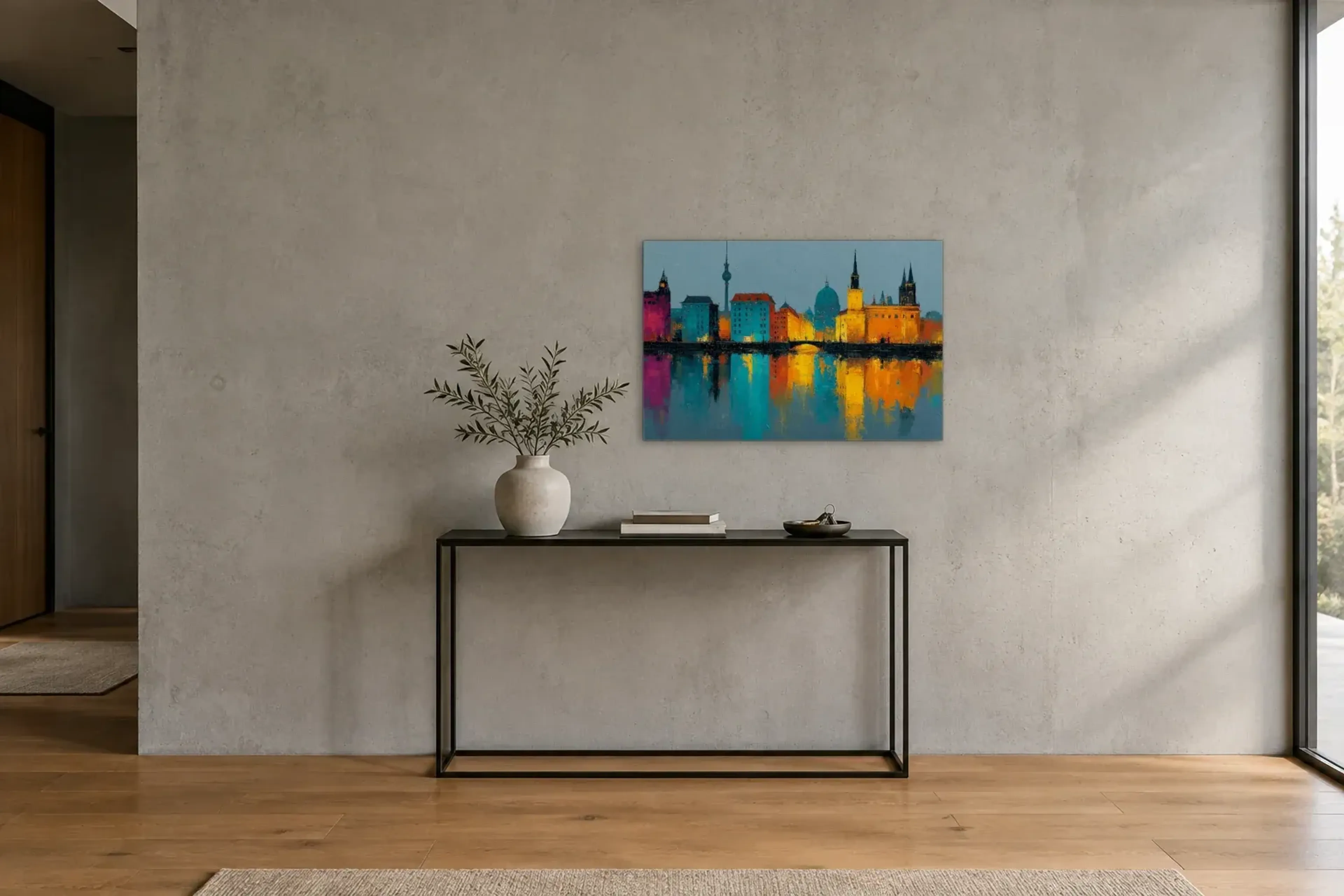 Leuchtende Fassaden am Wasser als Wandbild über einer 120-cm-Konsole