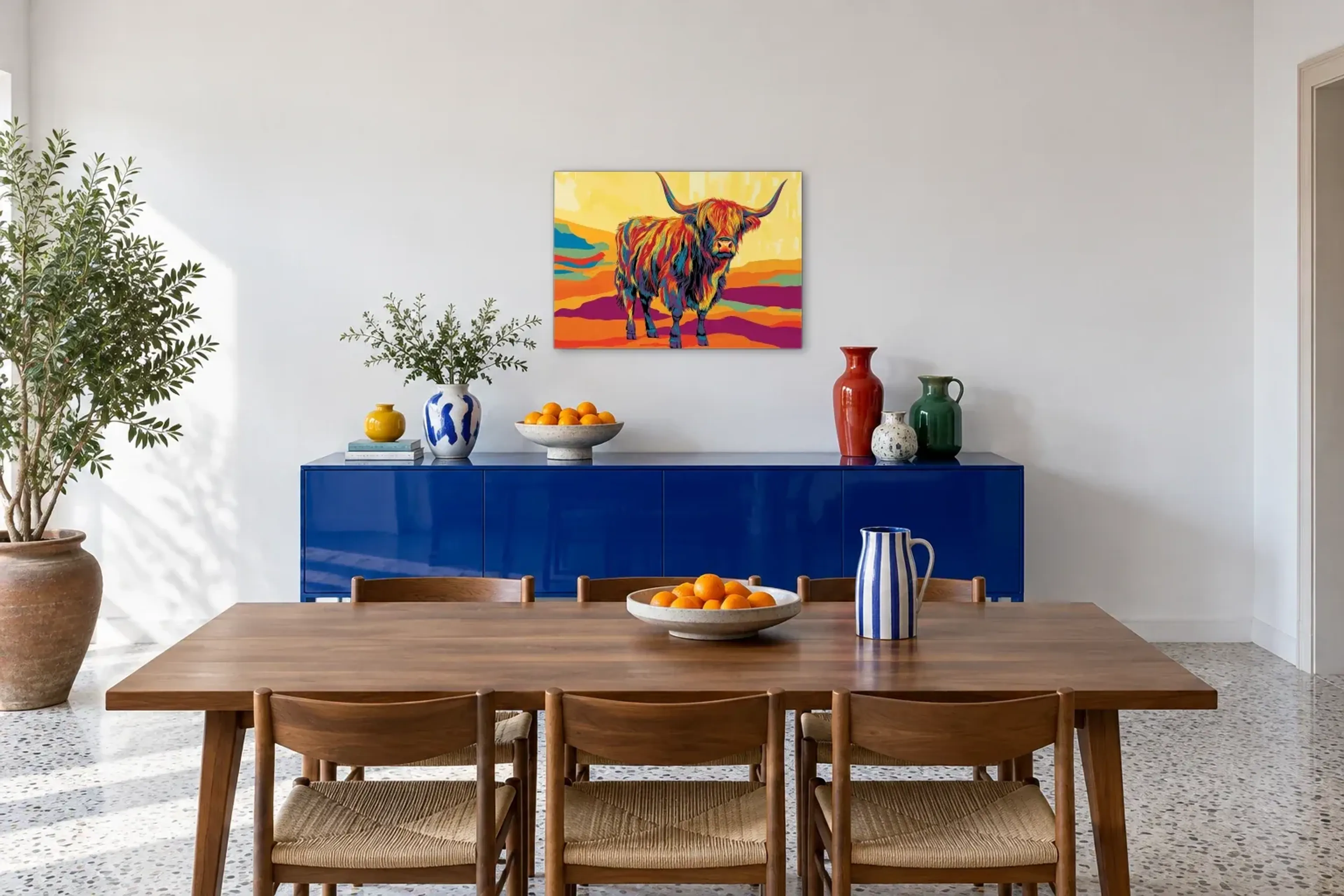 Hochlandrind im Farbspiel als Wandbild über einem 180-cm-Sideboard