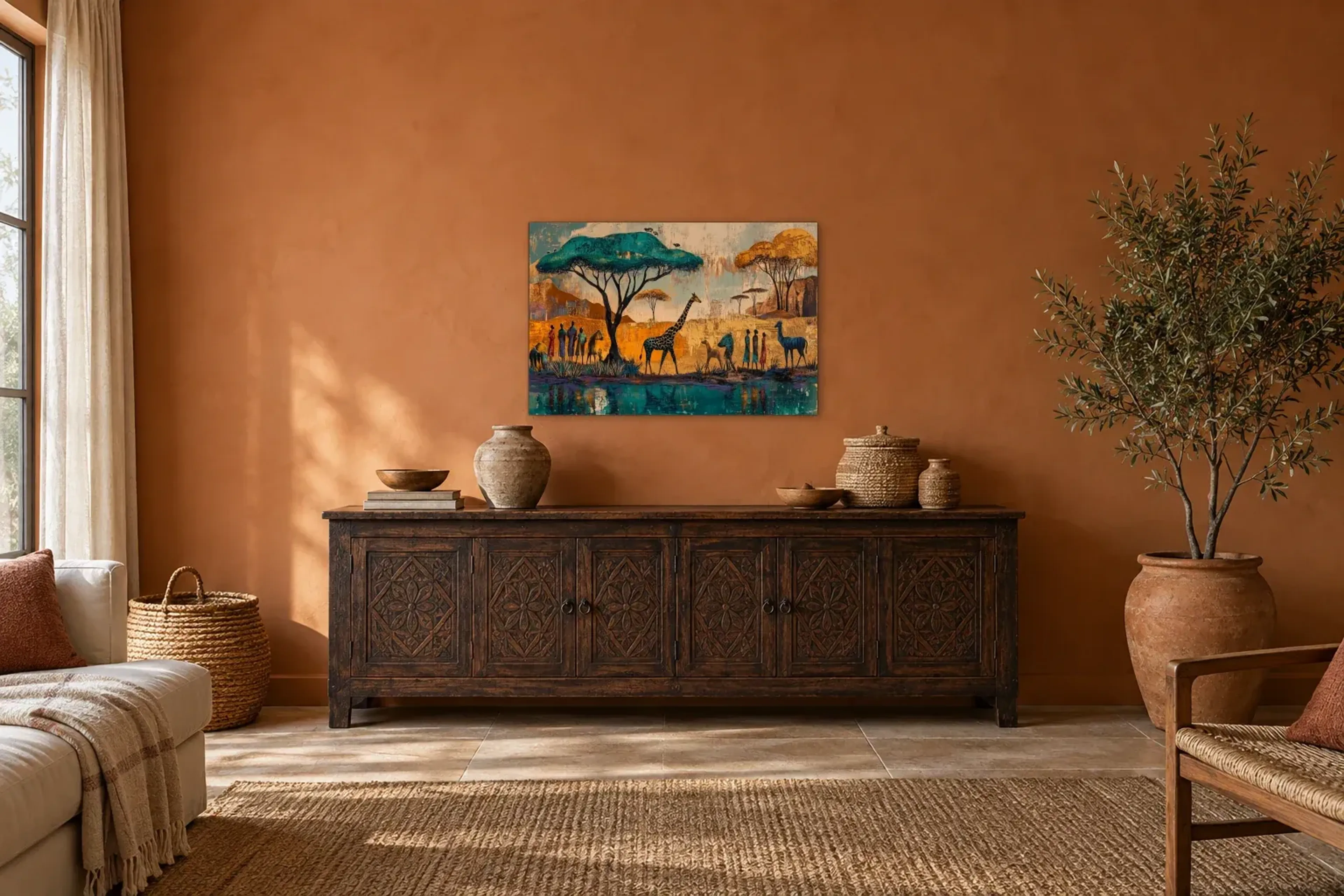 Savanne in Türkis als Wandbild über einem 180-cm-Sideboard