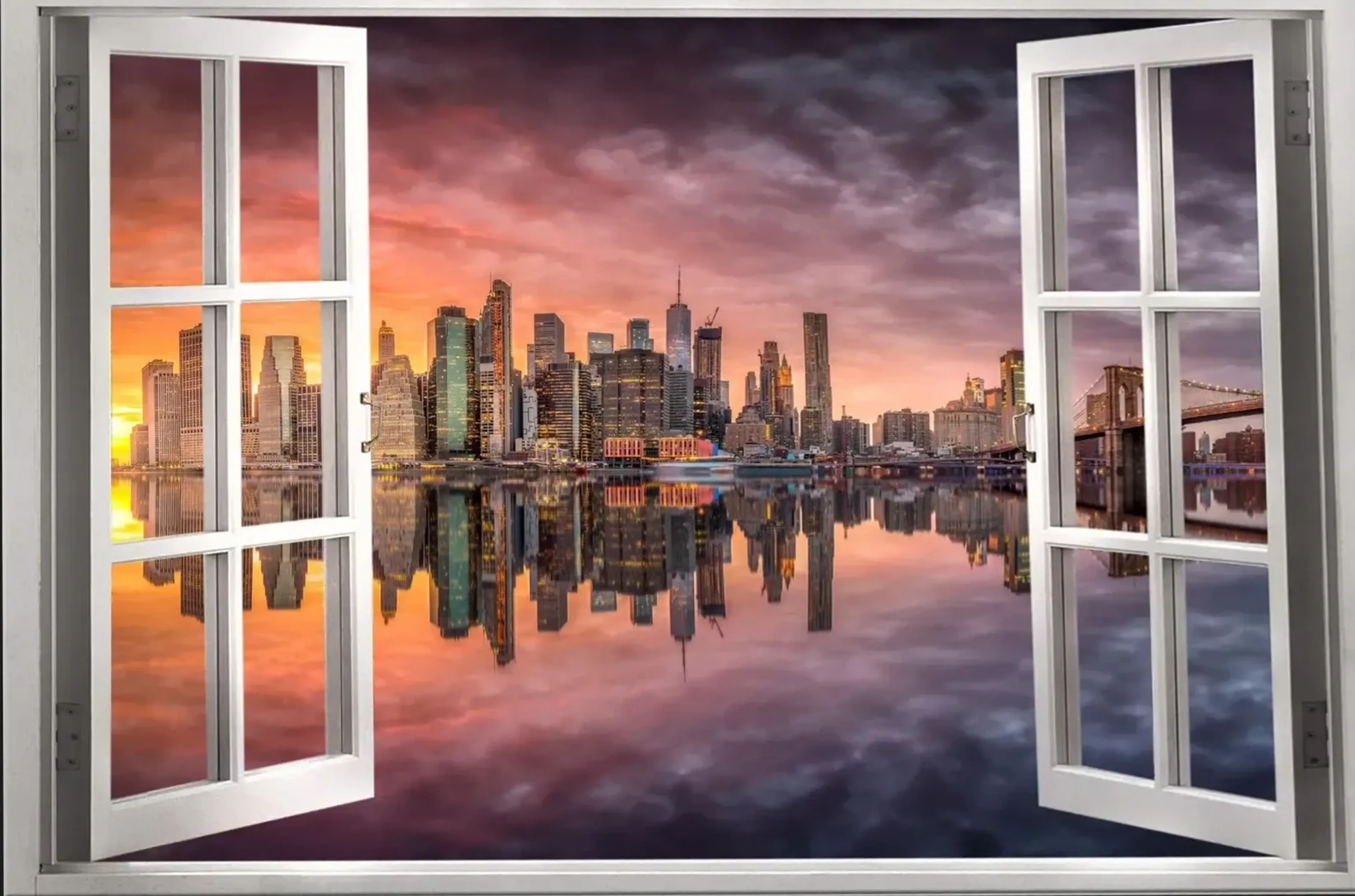 Geöffnete weiße Fensterflügel vor einer Skyline und Brücke, die sich unter orange-violettem Himmel spiegeln.