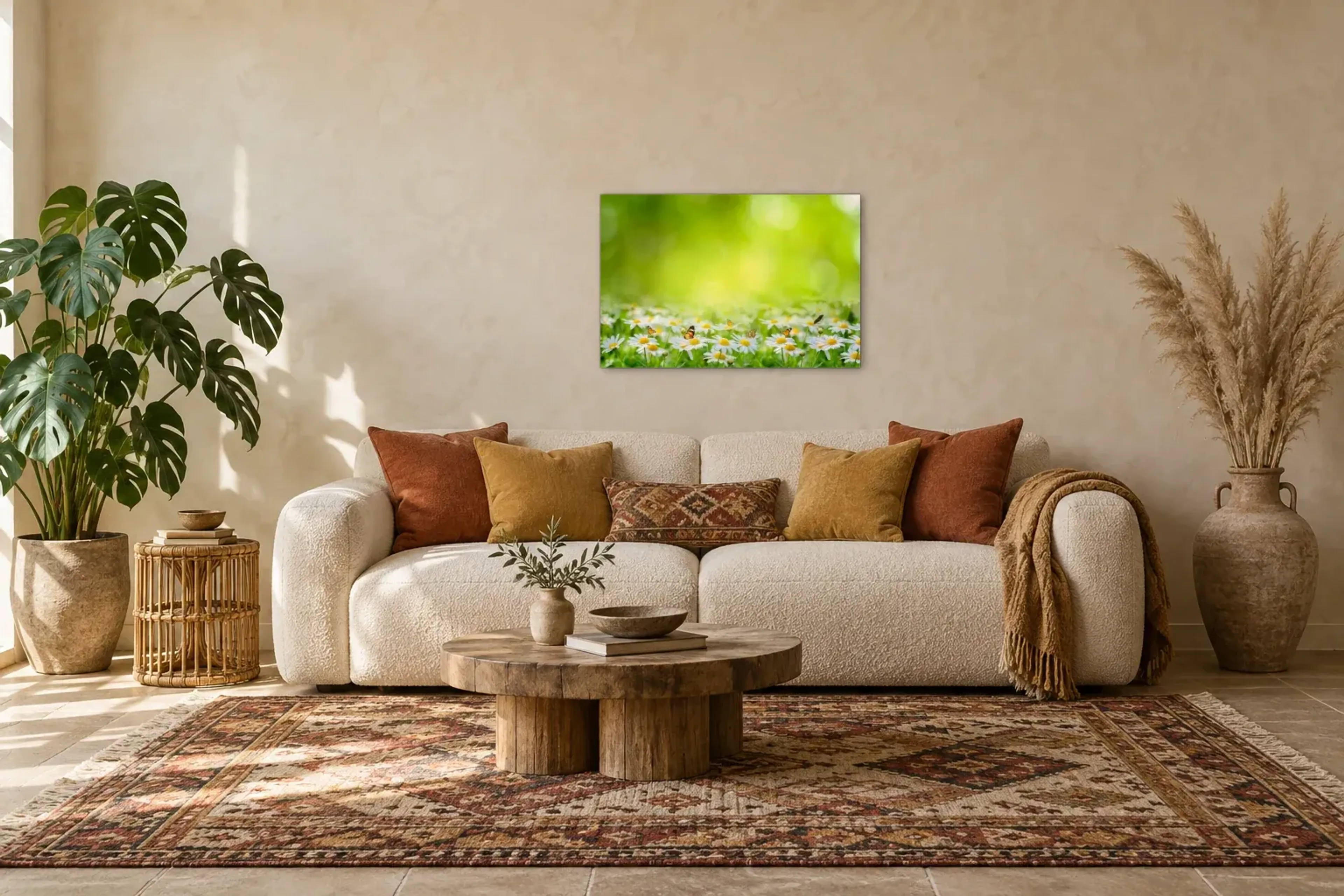 Gänseblümchen im Grünen als Wandbild über einem 220-cm-Sofa
