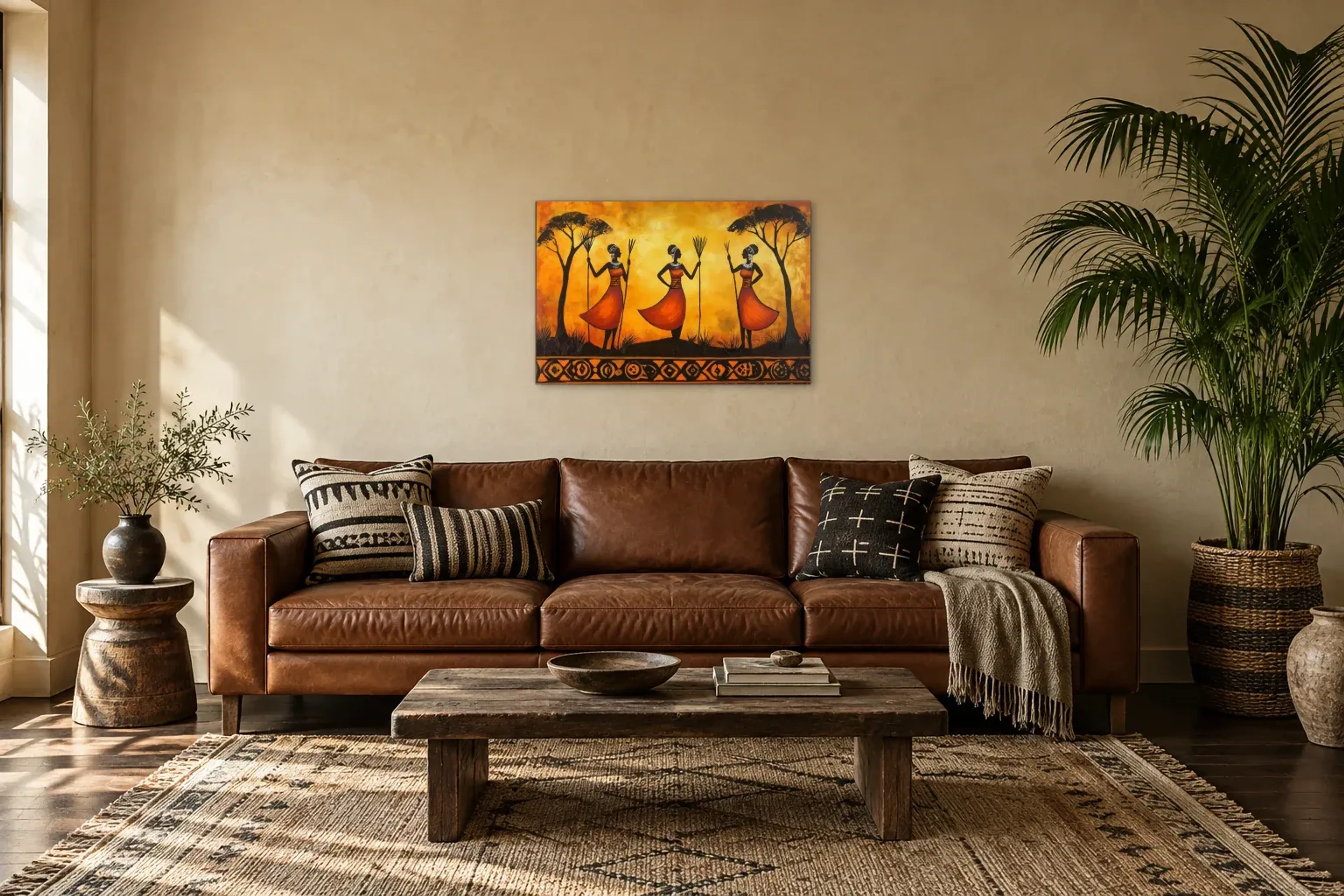 Frauen zwischen Bäumen als Wandbild über einem 220-cm-Sofa