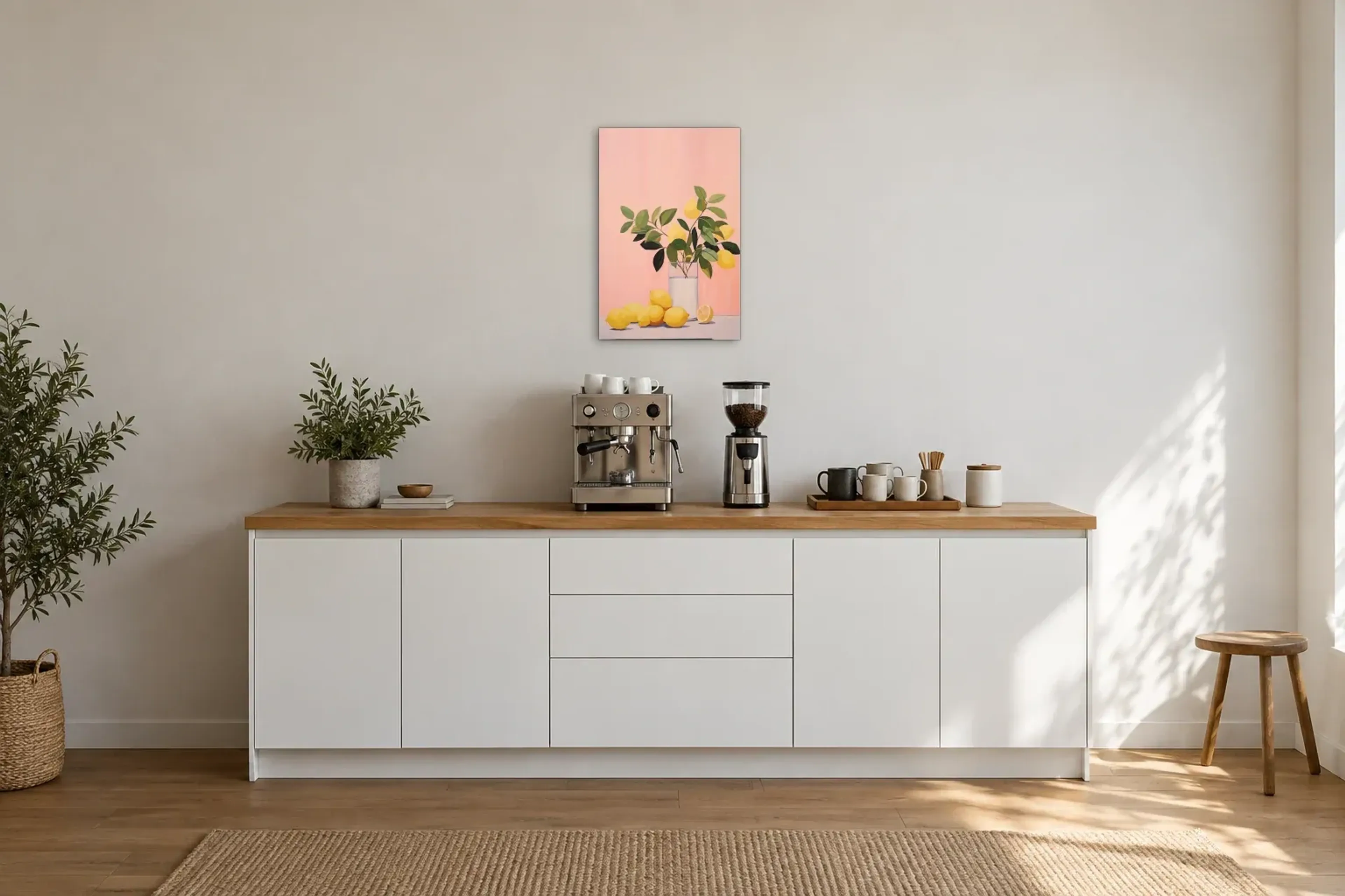 Zitronenzweige im Glas als Wandbild über einer 200-cm-Arbeitsplatte