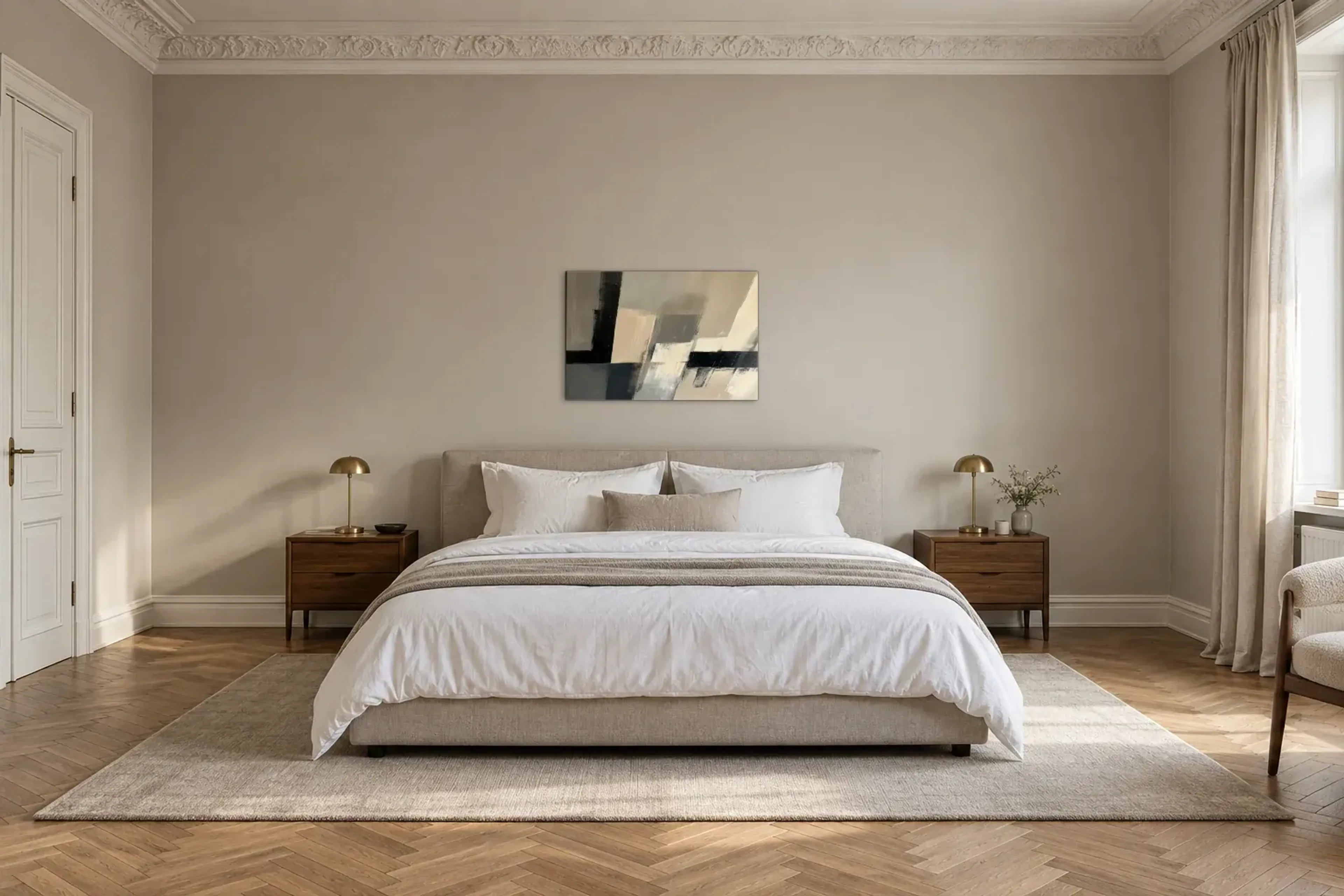 Beige Abstrakt als Wandbild über einem 180-cm-Bett
