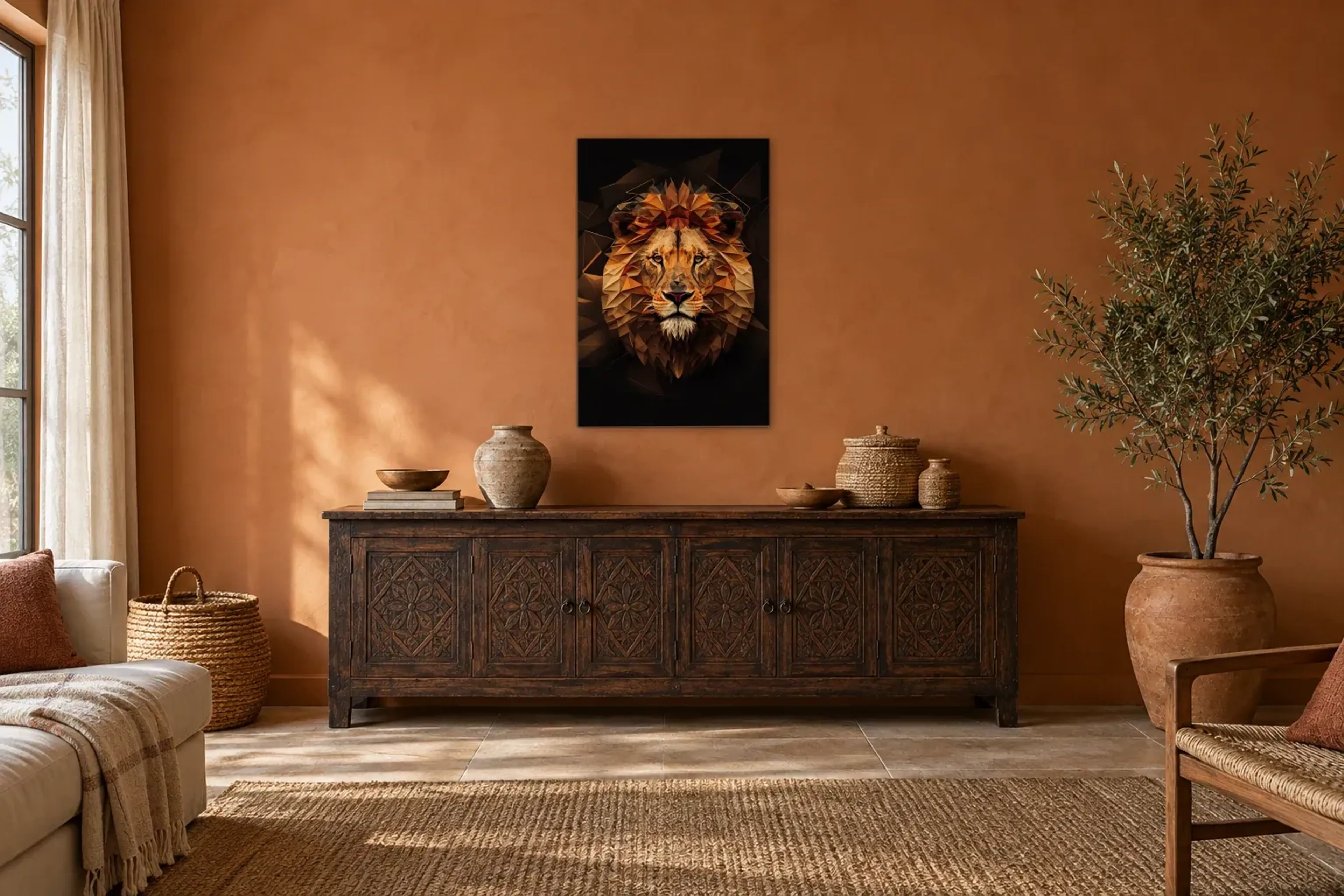 Löwe in Facetten als Wandbild über einem 180-cm-Sideboard