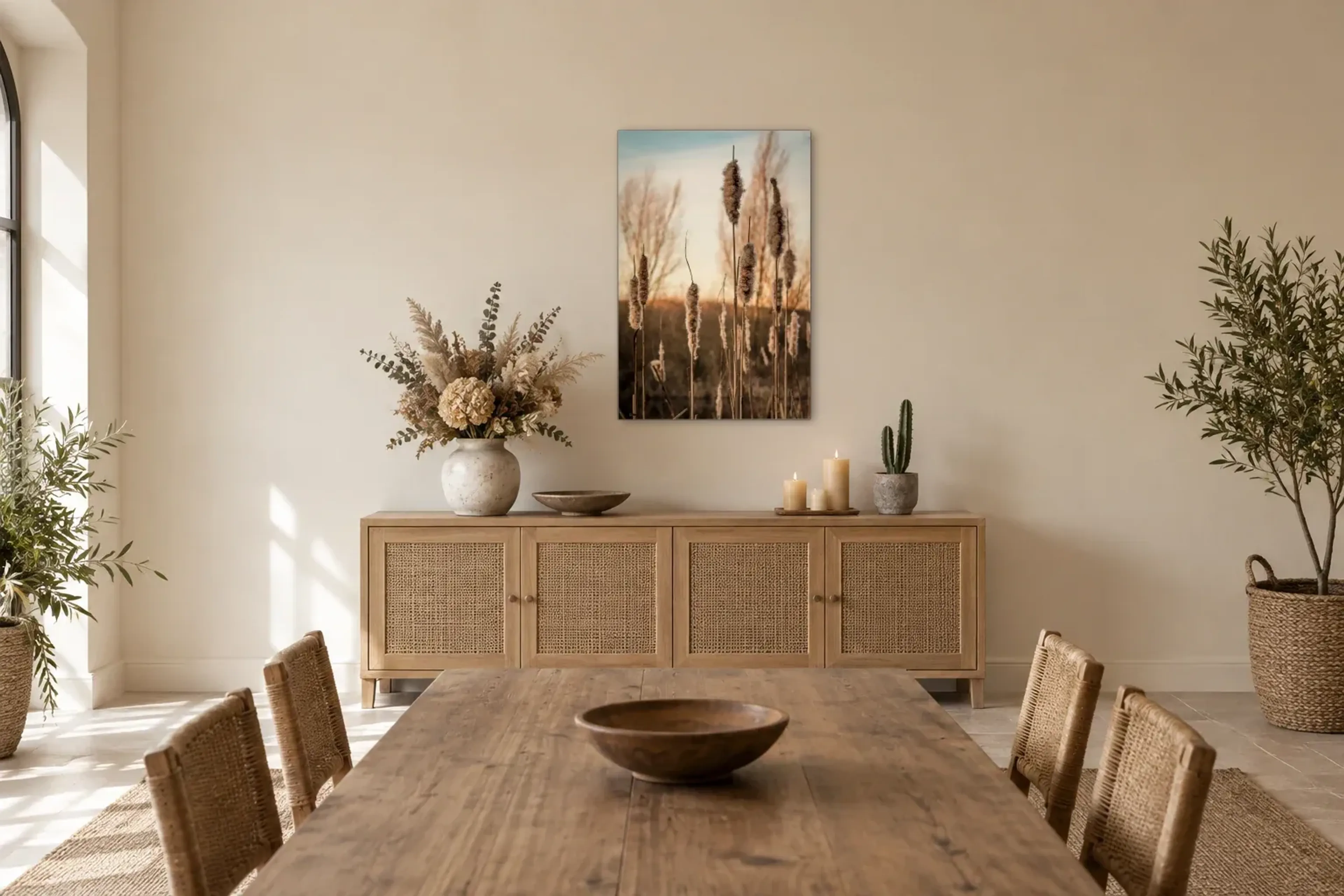 Rohrkolben im Abendlicht als Wandbild über einem 160-cm-Sideboard
