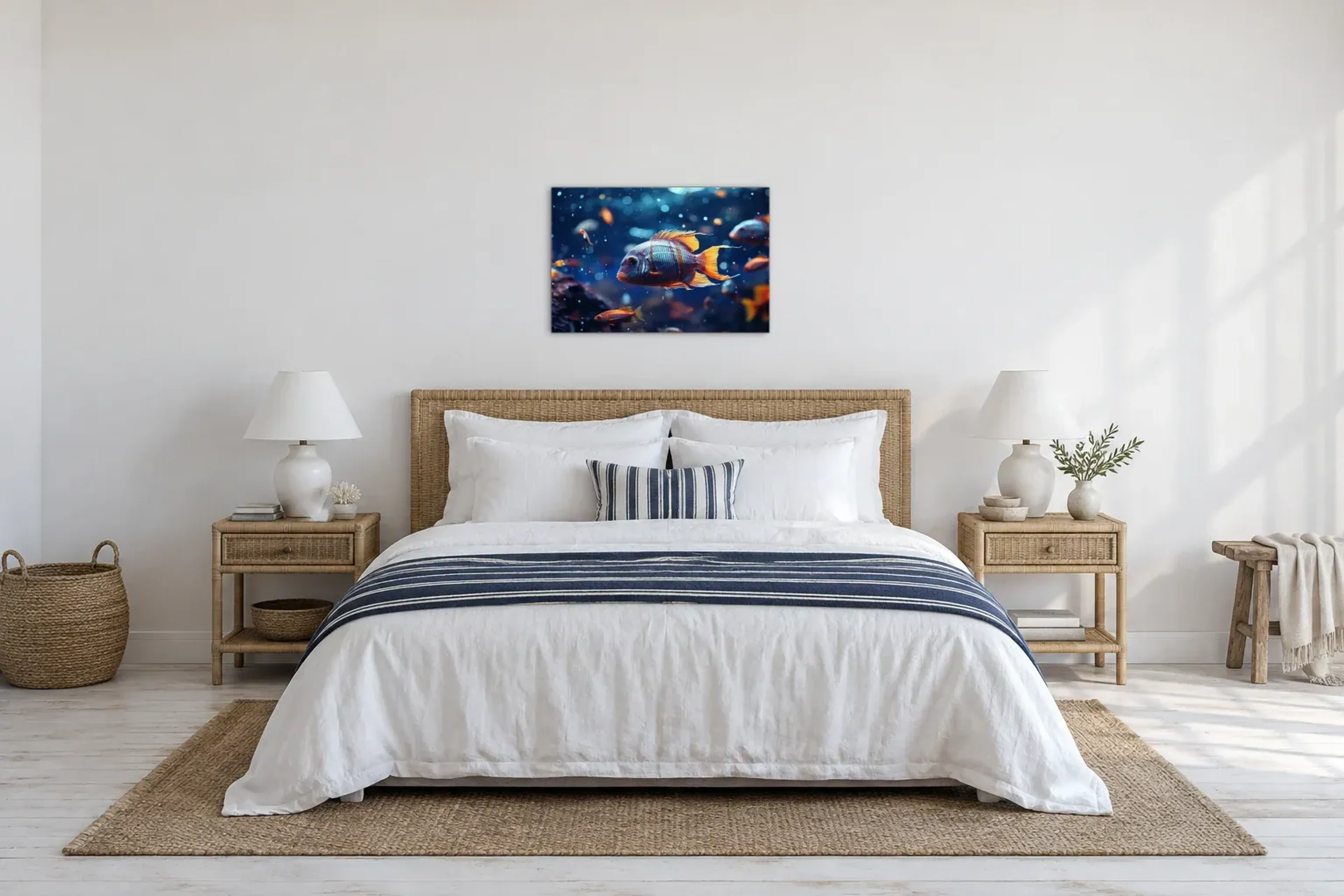 Bunter Fisch als Wandbild über einem 180-cm-Bett