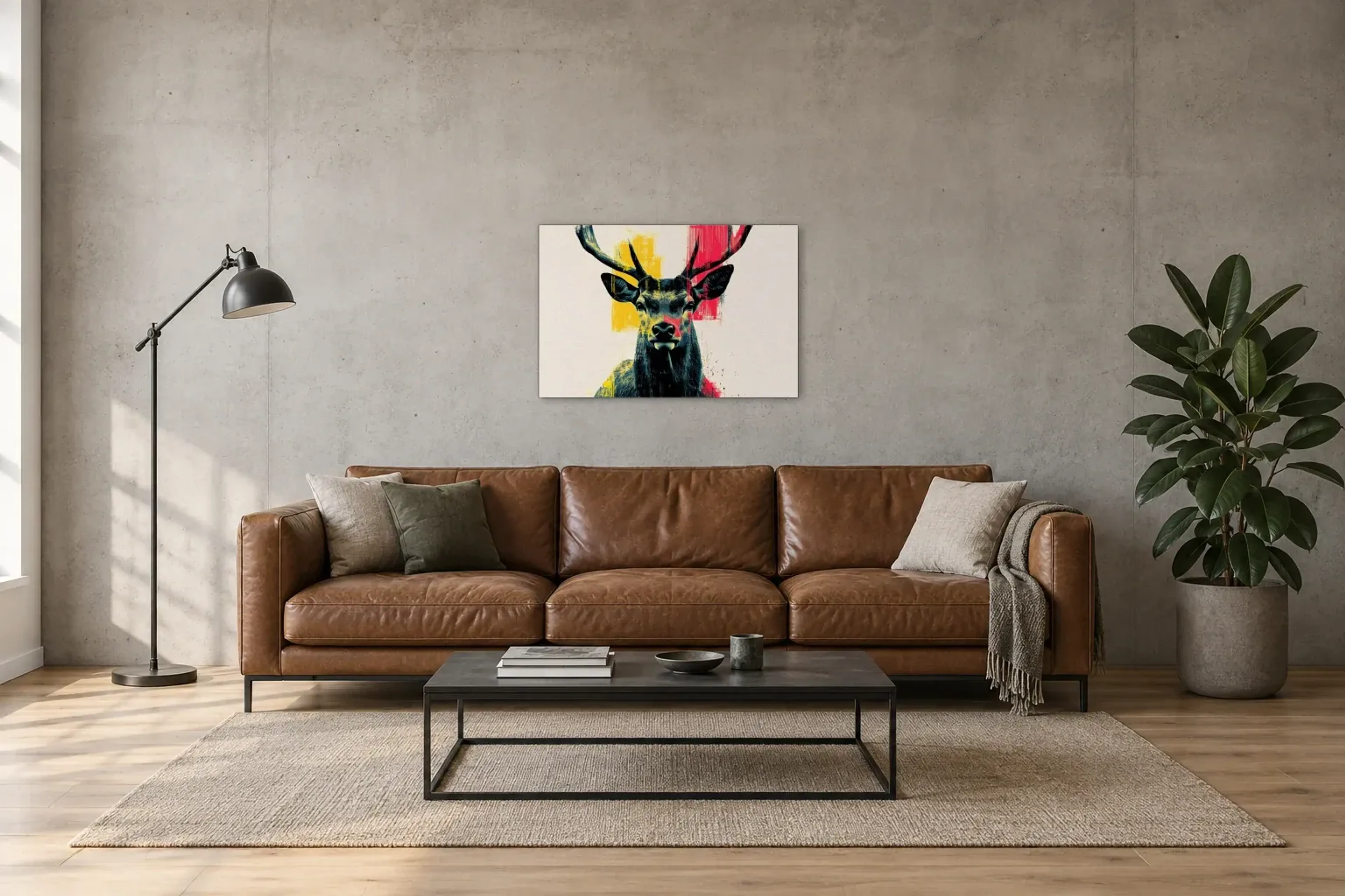 Hirsch in Gelb und Pink als Wandbild über einem 220-cm-Sofa