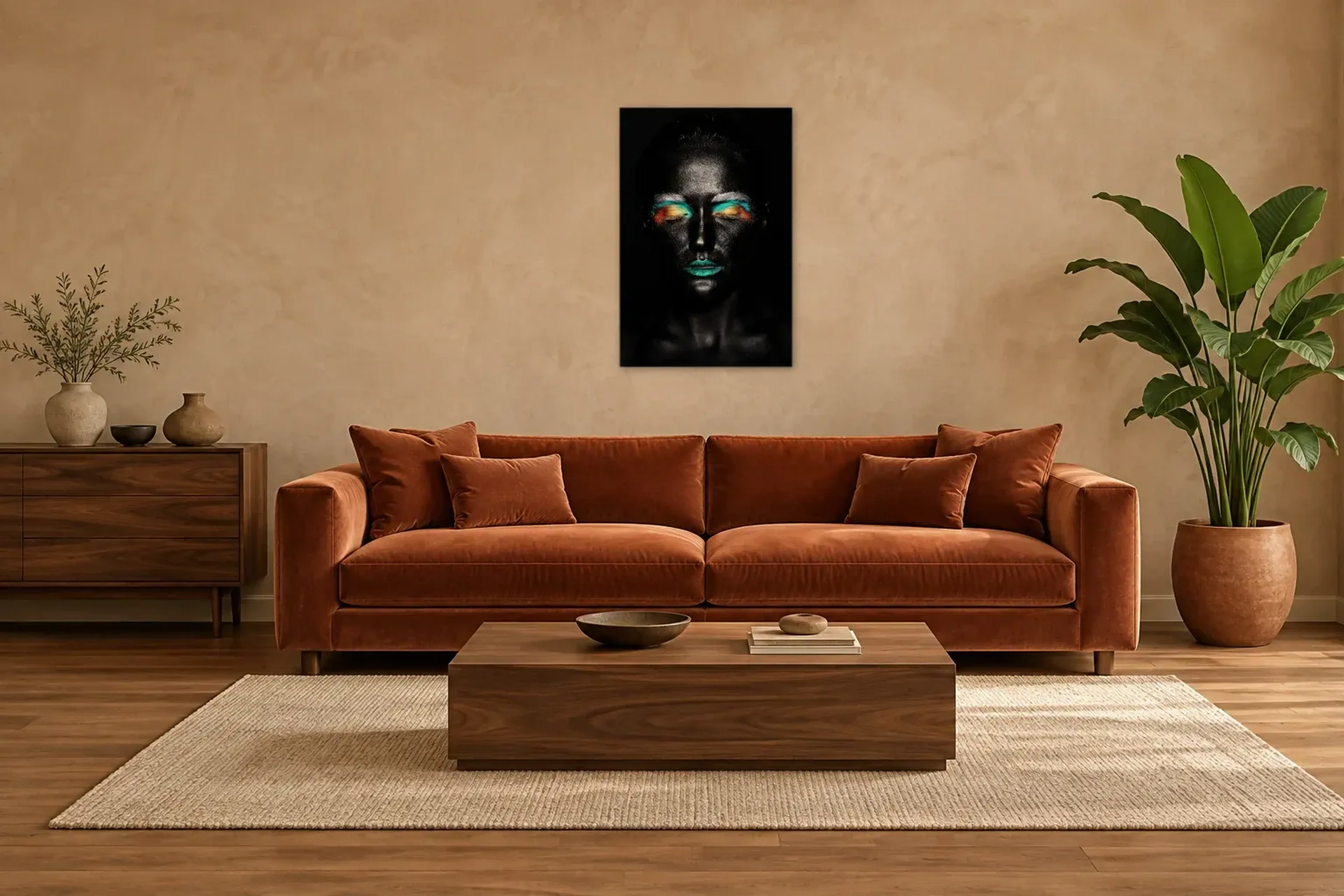 Porträt mit türkisfarbenen Lippen als Wandbild über einem 220-cm-Sofa