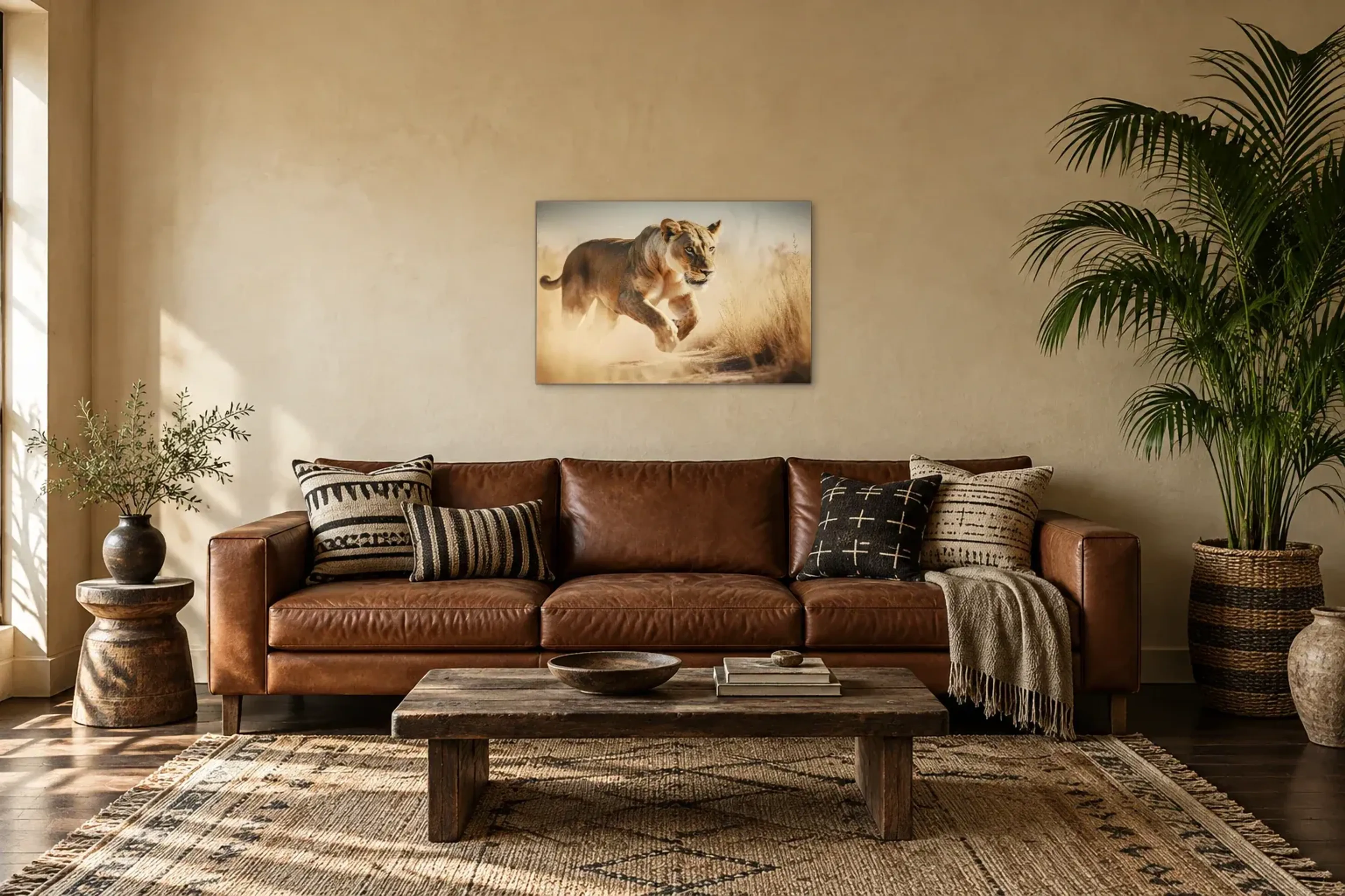 Löwin im Sprung als Wandbild über einem 220-cm-Sofa