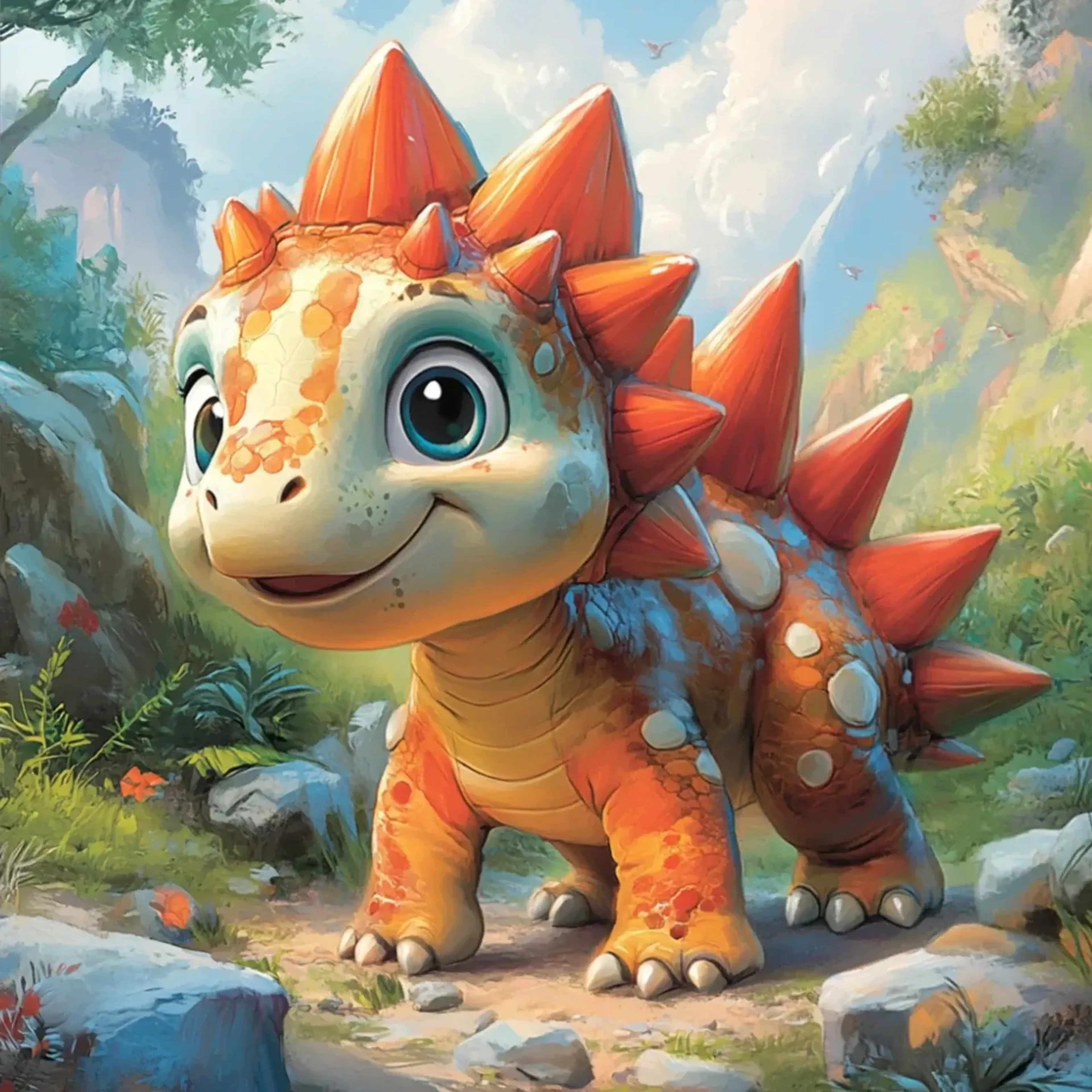Bunter Dino zwischen Felsen – Motiv als Wandbild auf Holz