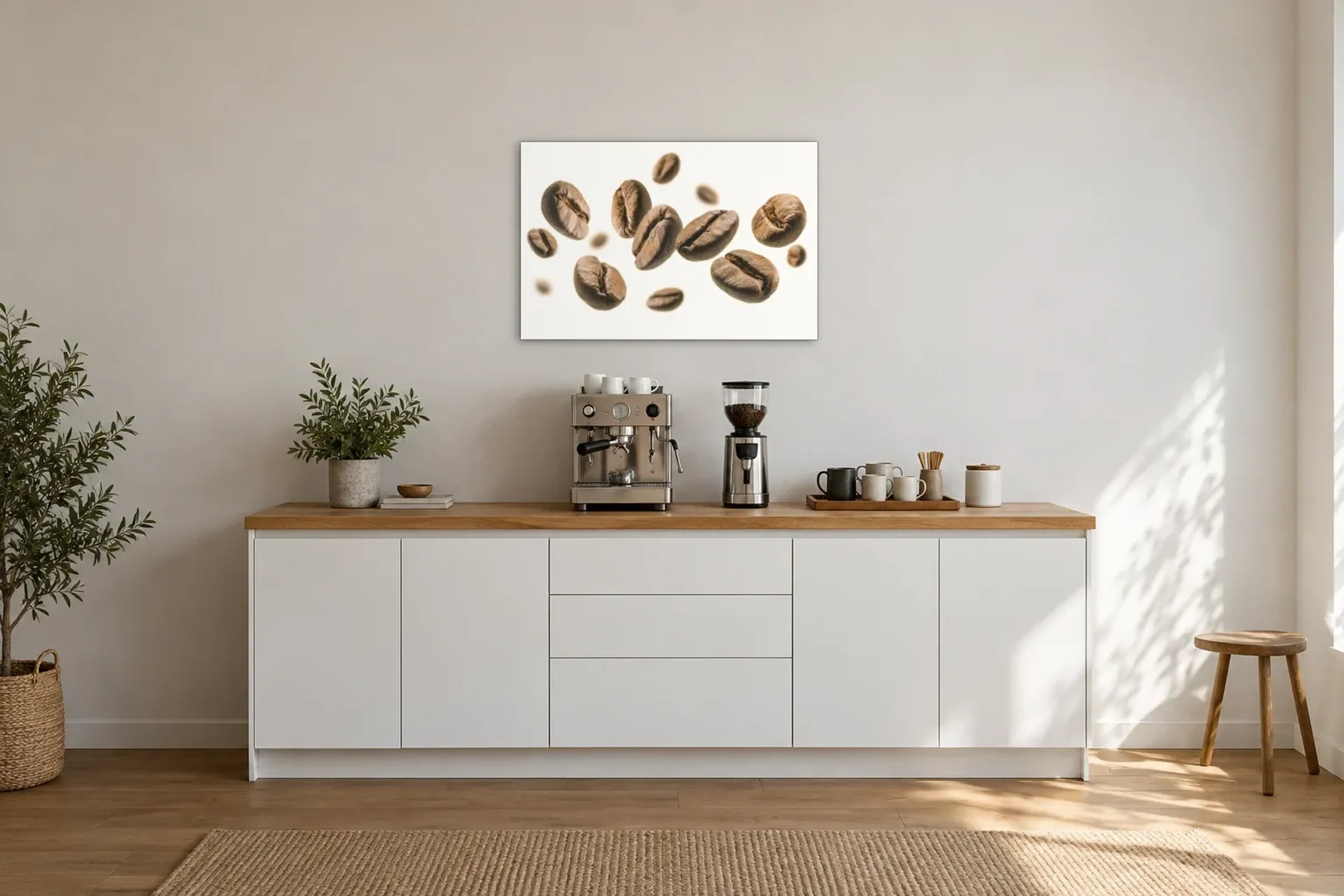 Kaffeebohnen auf Weiß als Wandbild über einer 200-cm-Arbeitsplatte