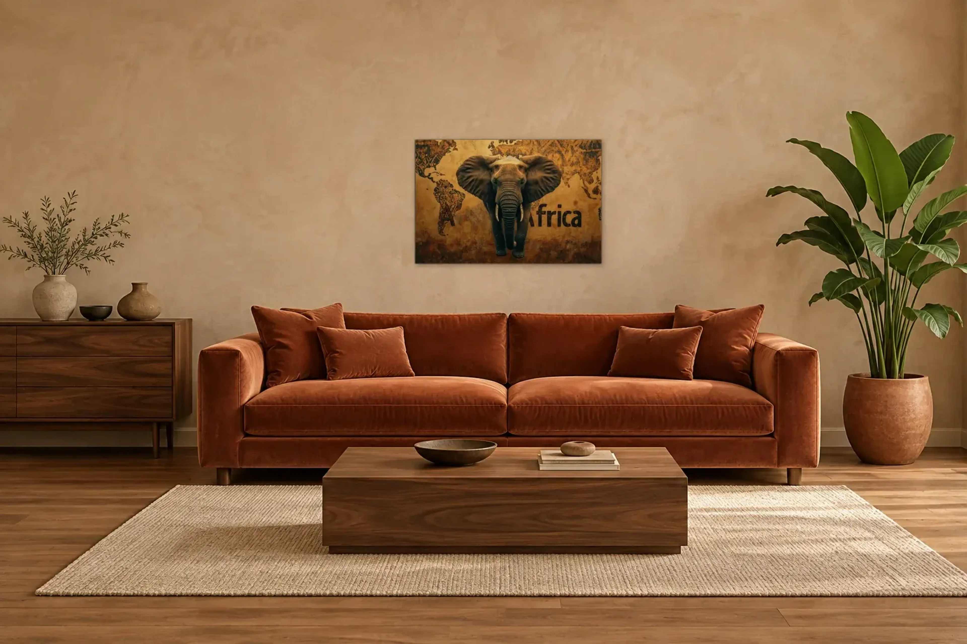 Elefant vor Weltkarte als Wandbild über einem 220-cm-Sofa