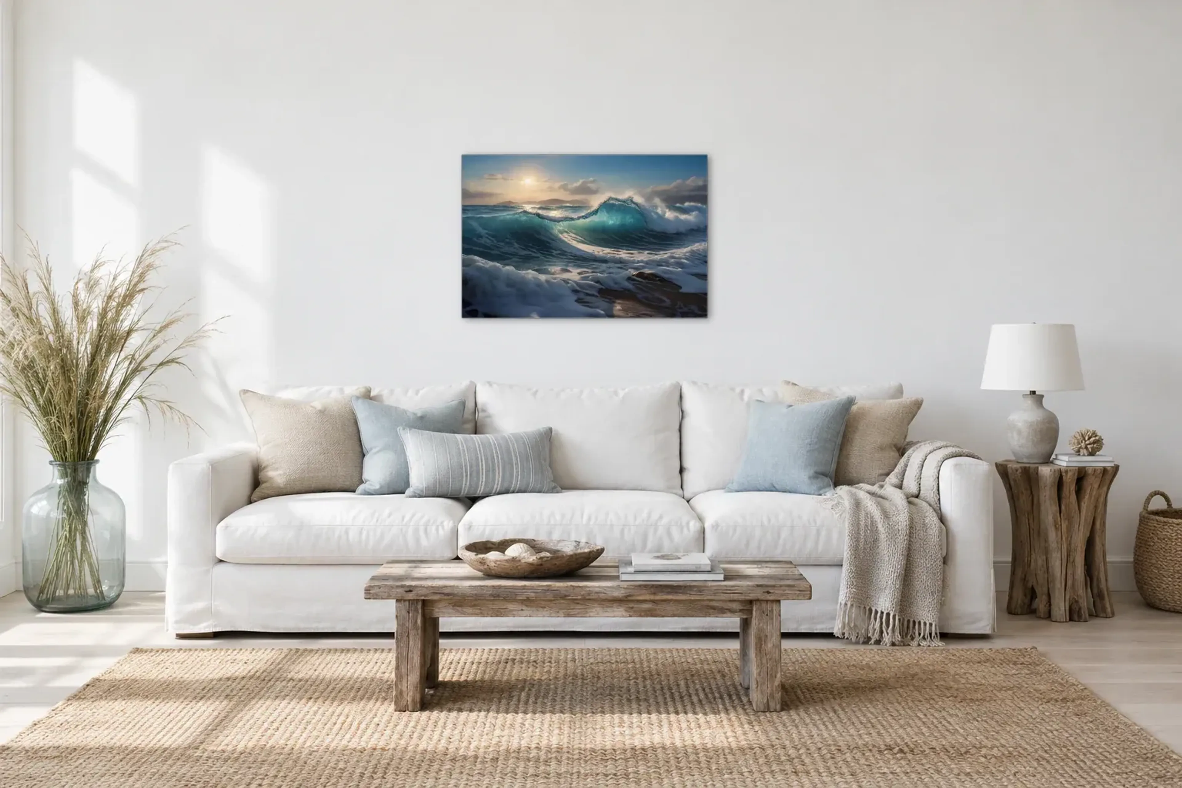 Wellen am Strand als Wandbild über einem 220-cm-Sofa