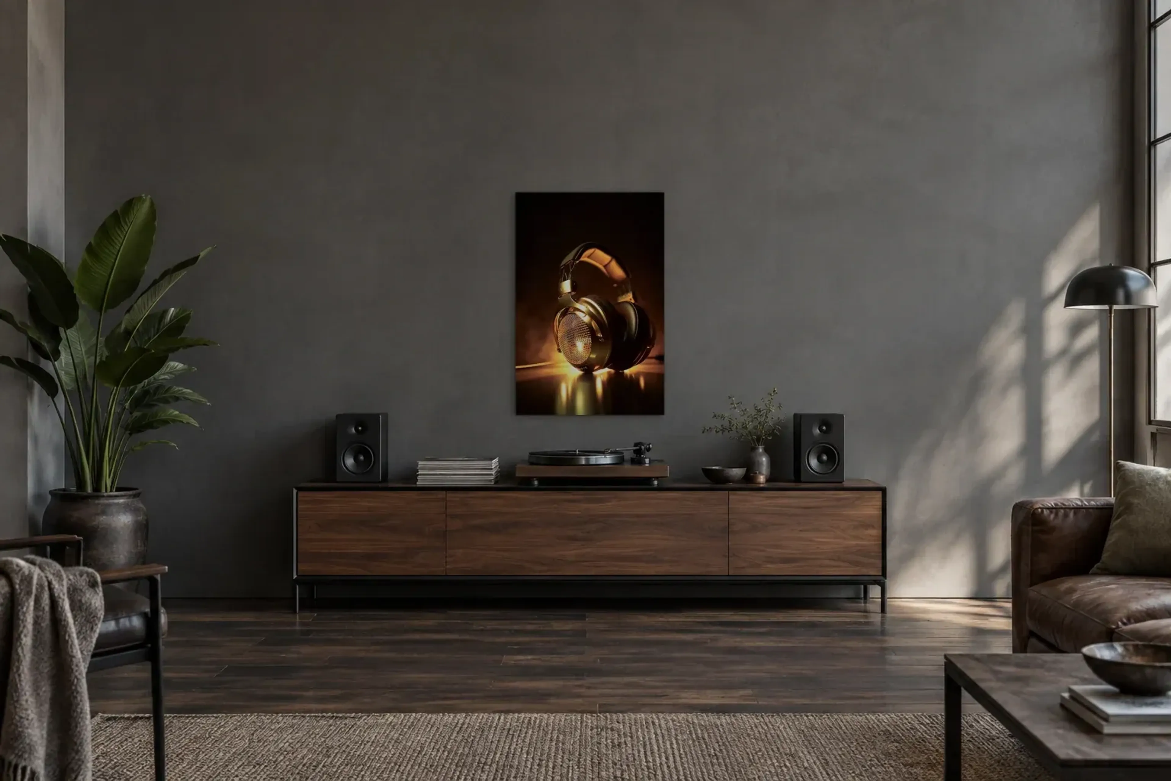 Goldene Kopfhörer als Wandbild über einem 200-cm-Sideboard