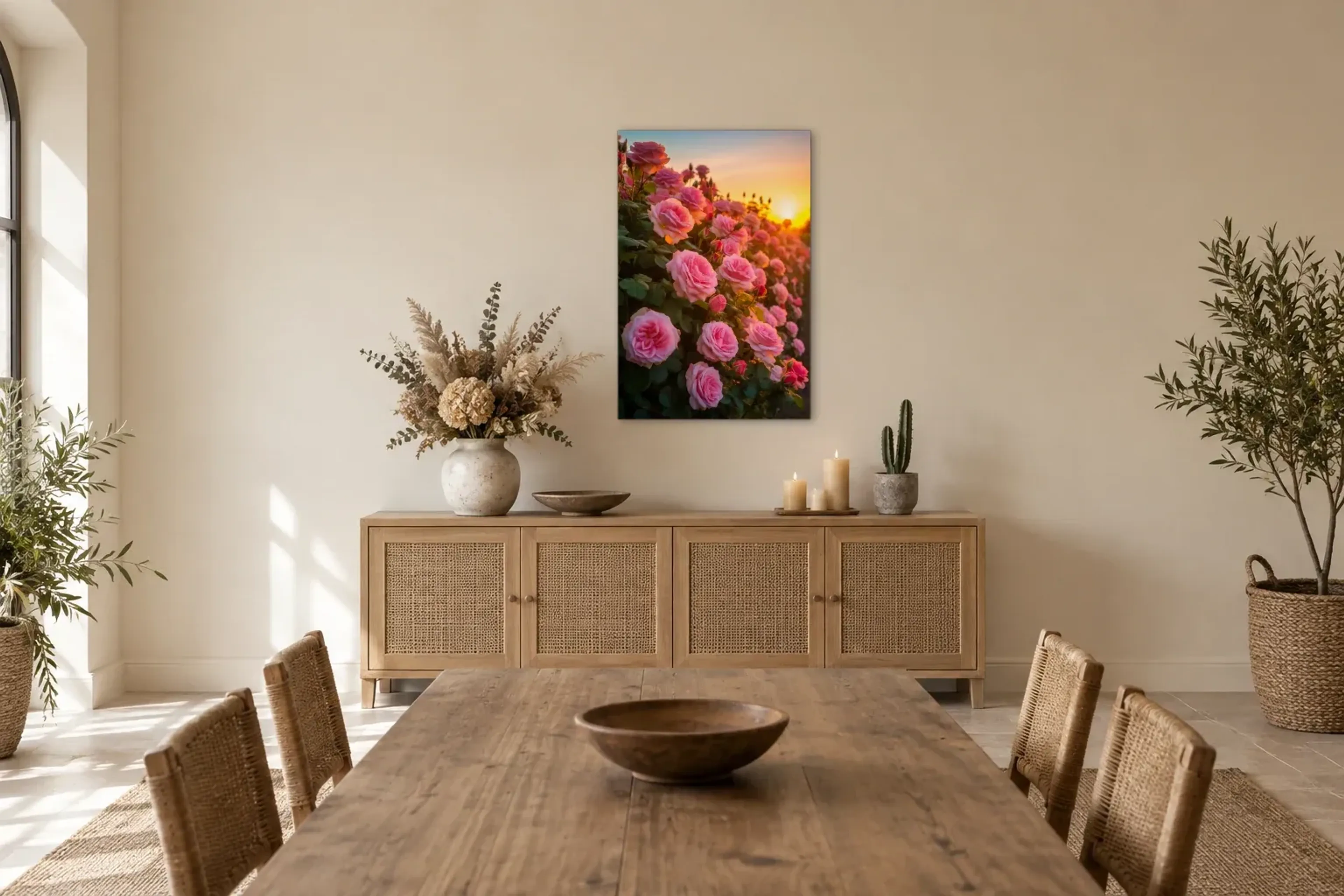 Rosa Rosen als Wandbild über einem 160-cm-Sideboard