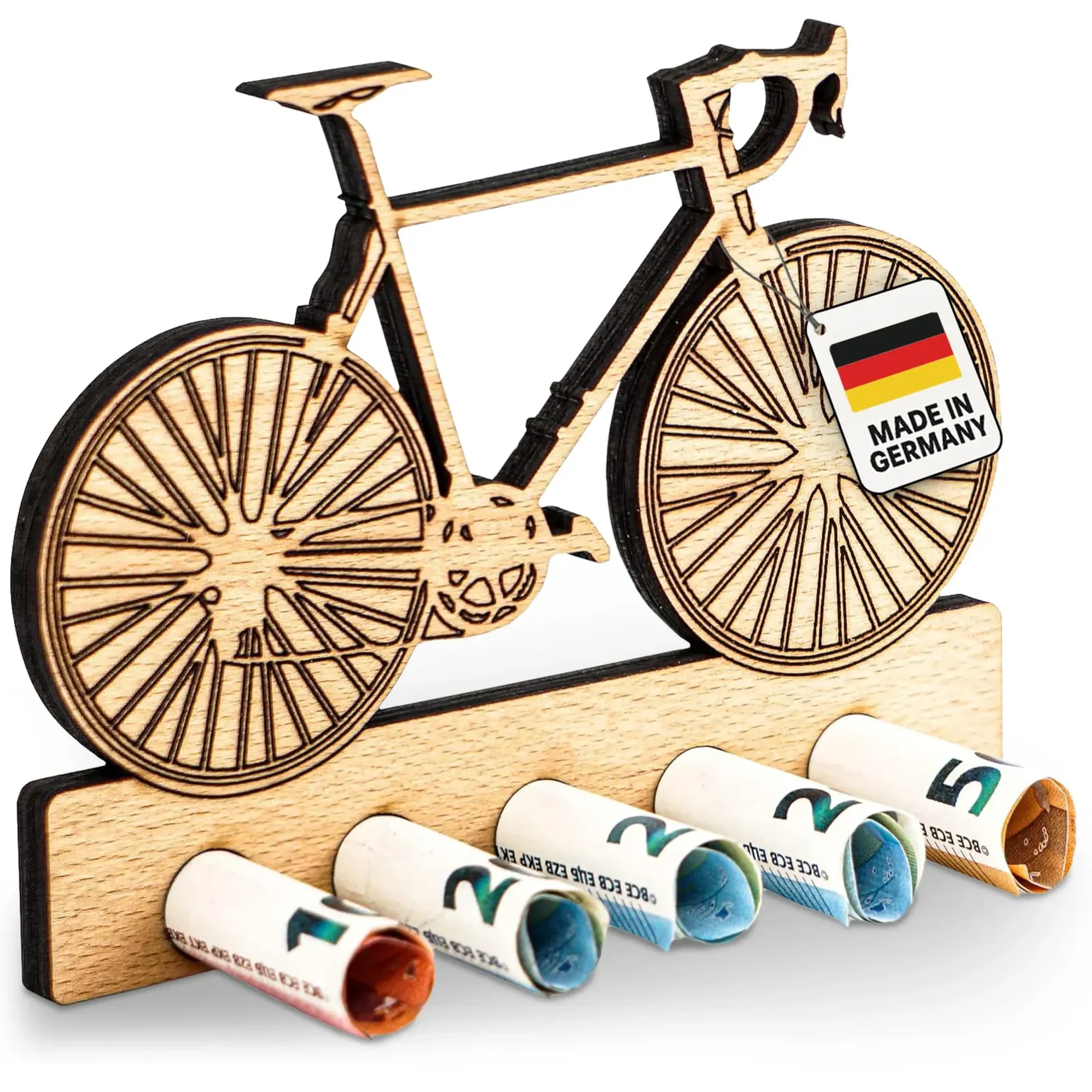 Rennrad aus hellem Holz mit gebogenem Lenker und gezeichneten Speichen über fünf gerollten Geldscheinen.