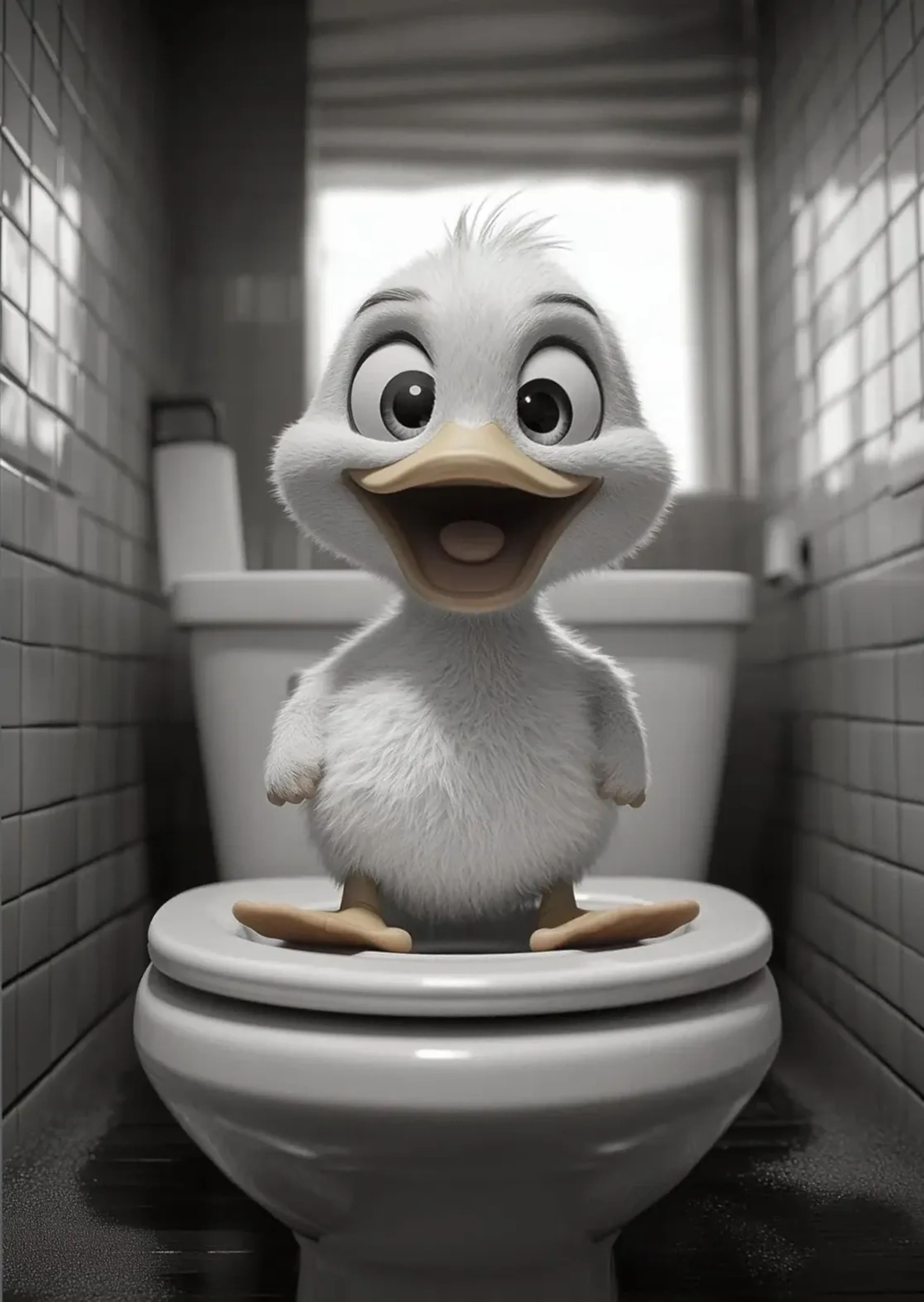 Eine fröhliche Ente mit offenem Schnabel sitzt auf einer Toilette zwischen dunklen Fliesen vor einem Fenster.
