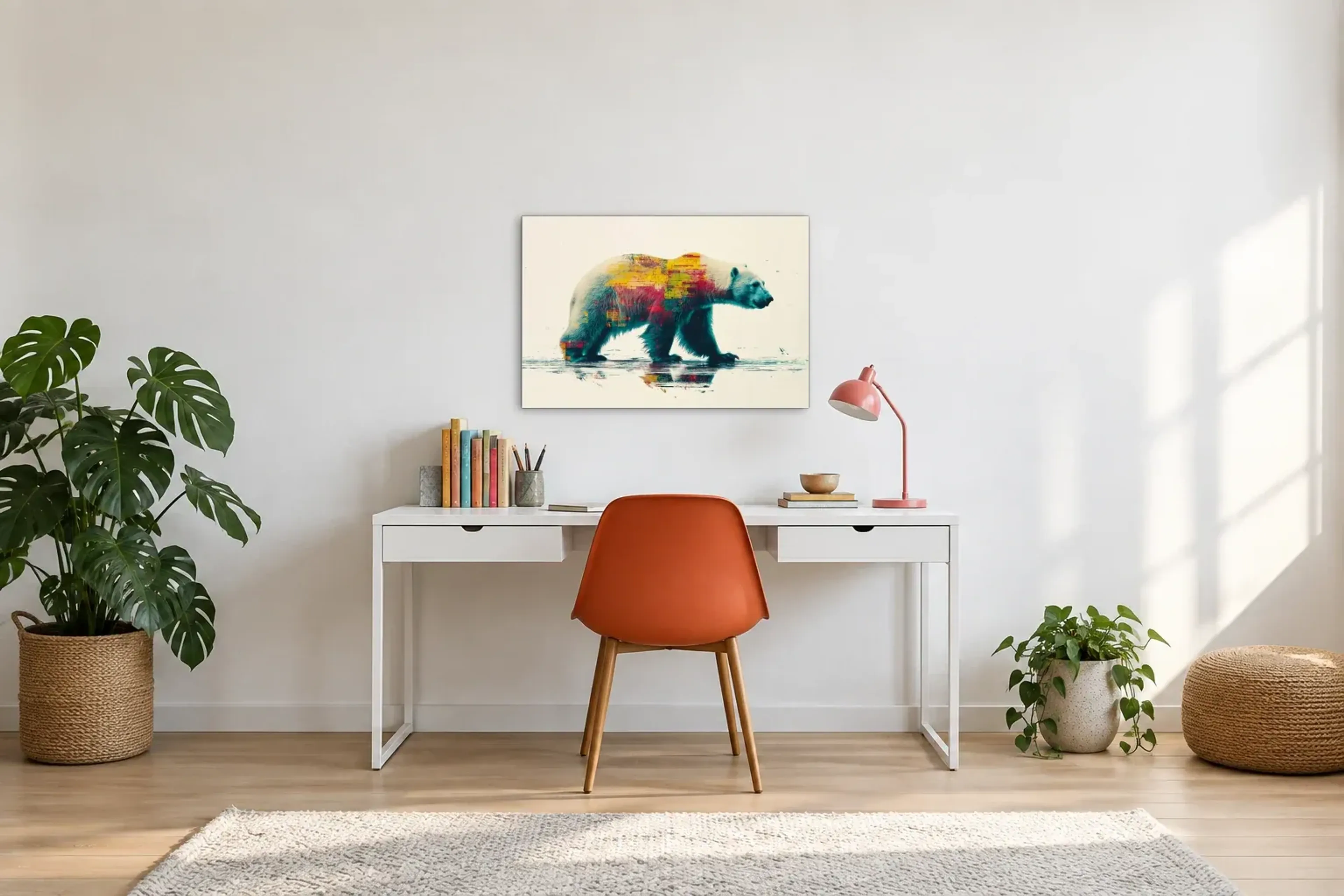 Eisbär mit farbiger Spiegelung als Wandbild über einem 140-cm-Schreibtisch