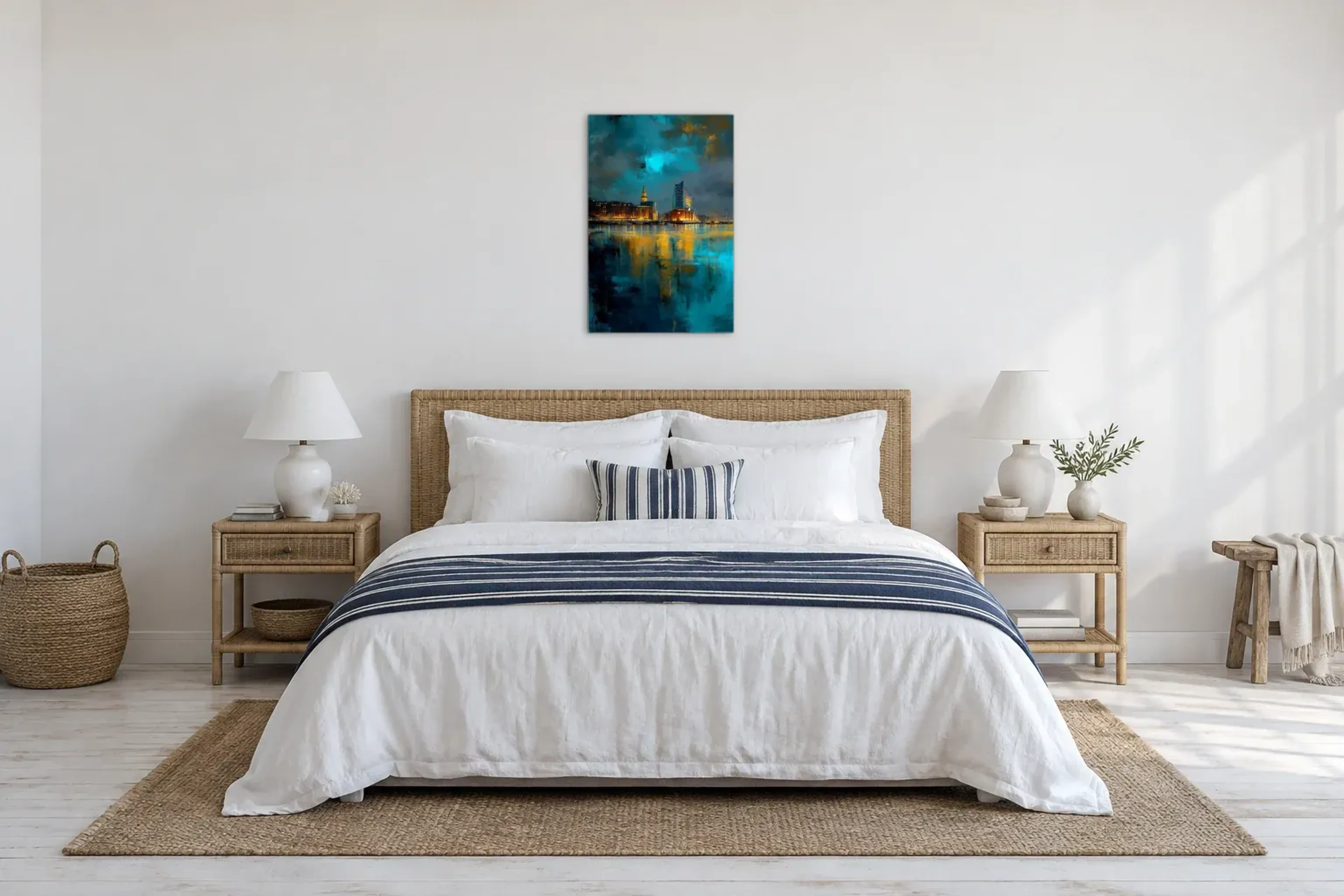 Goldene Lichter am Wasser als Wandbild über einem 180-cm-Bett