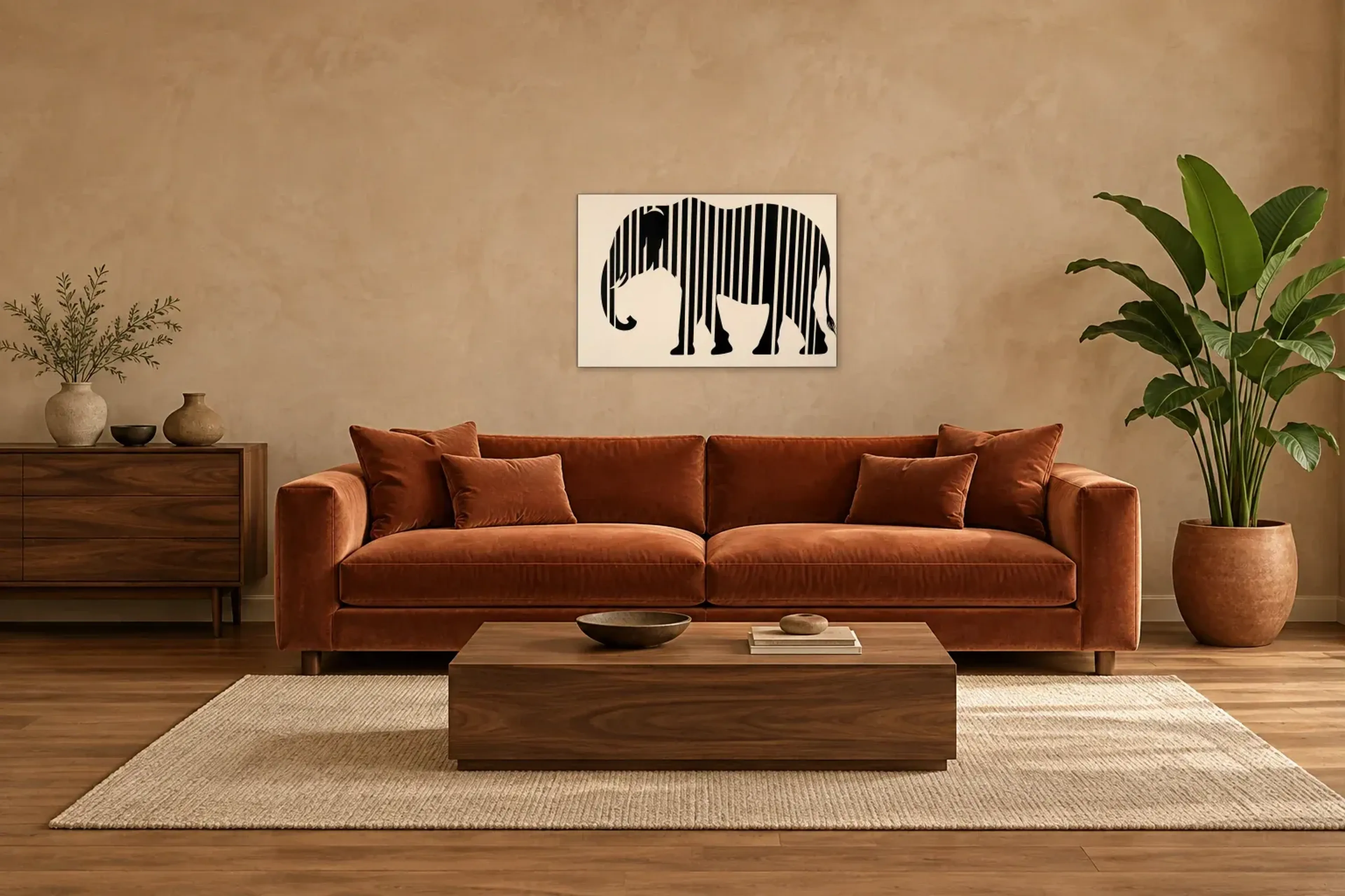 Zebraelefant als Wandbild über einem 220-cm-Sofa