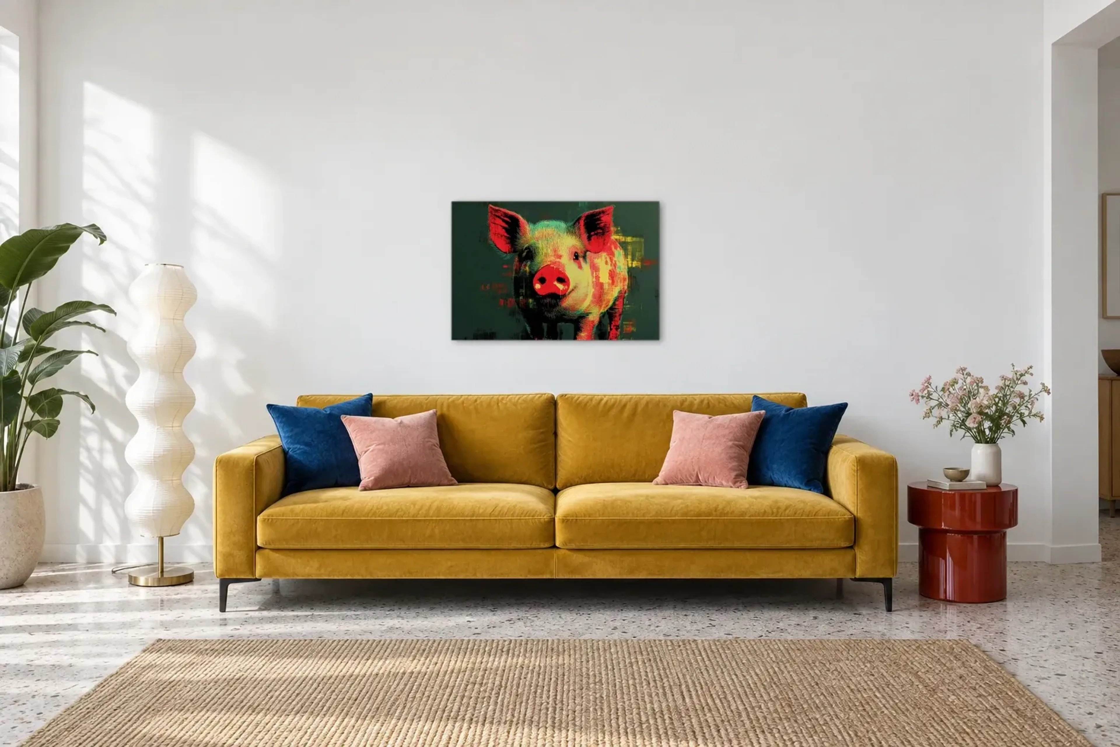 Schwein auf Dunkelgrün als Wandbild über einem 220-cm-Sofa