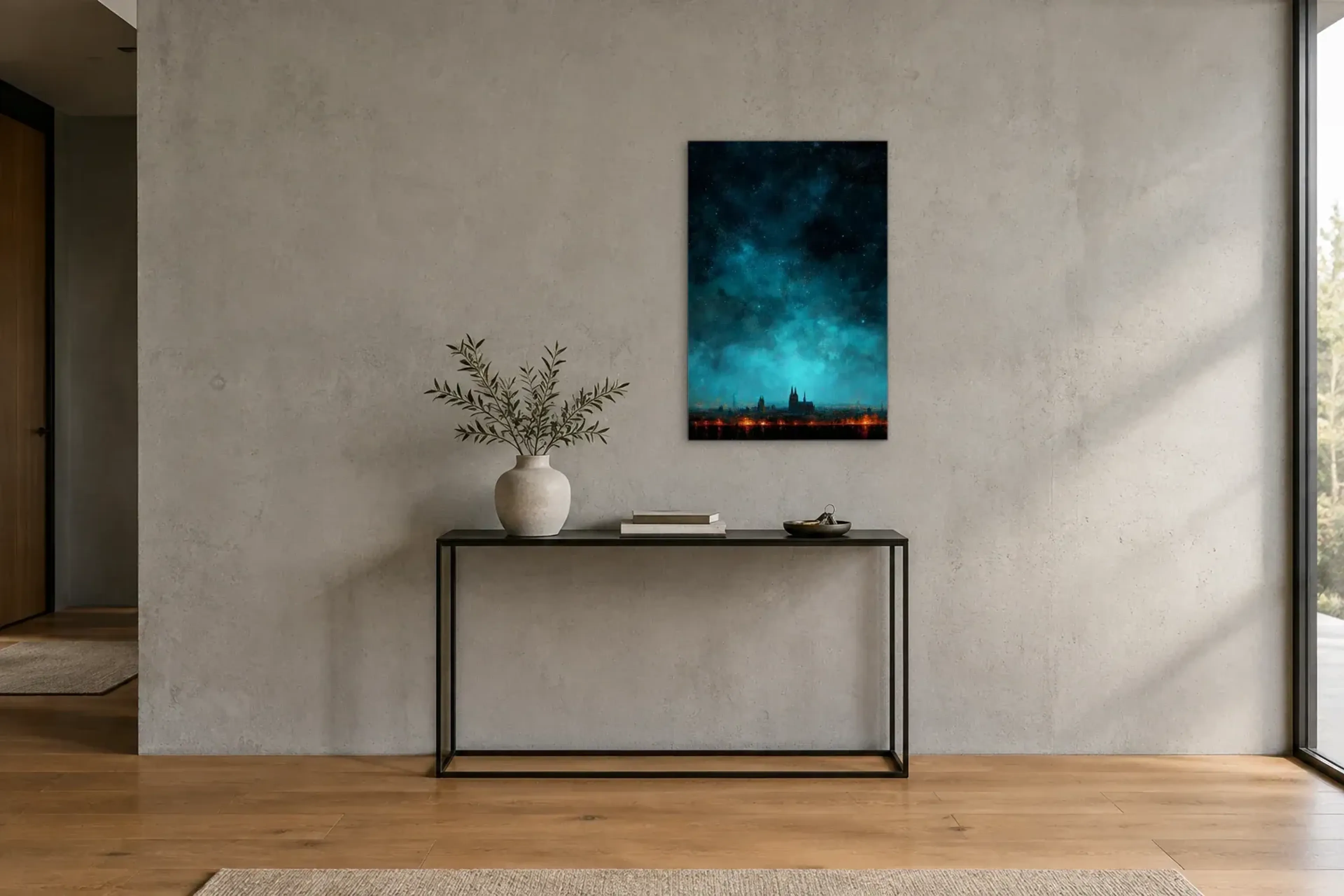 Köln unter Sternen als Wandbild über einer 120-cm-Konsole