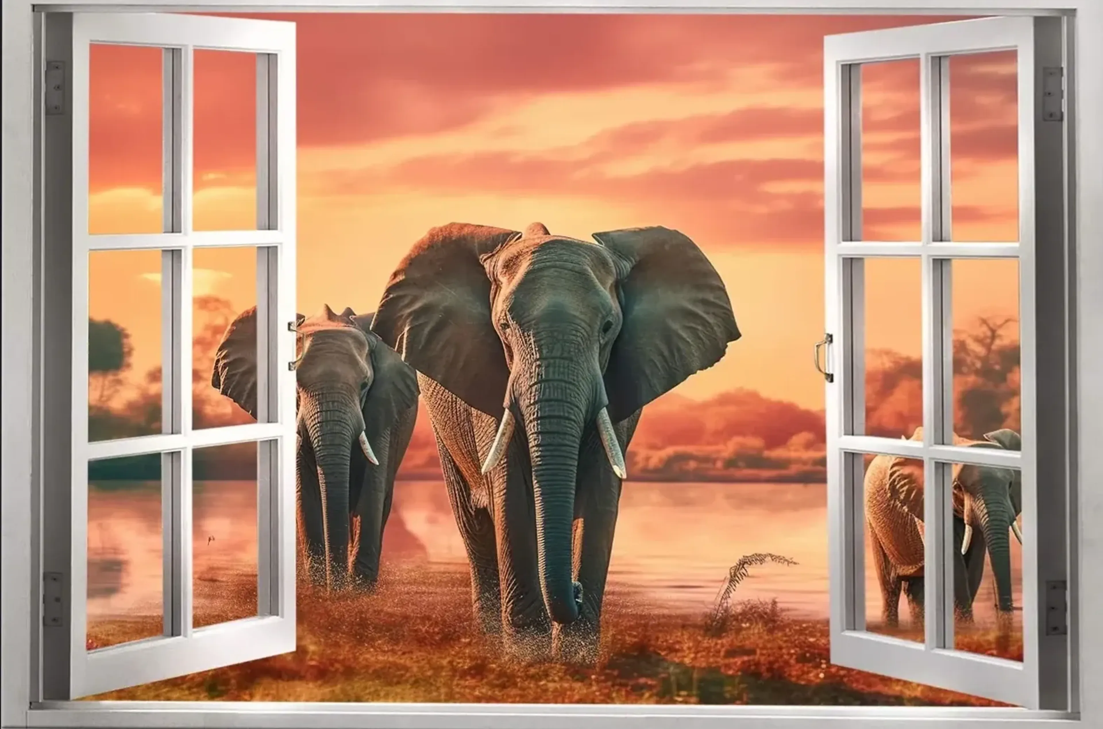 Offenes weißes Fenster mit Blick auf drei Elefanten am Wasser unter einem orange-rosa Abendhimmel.